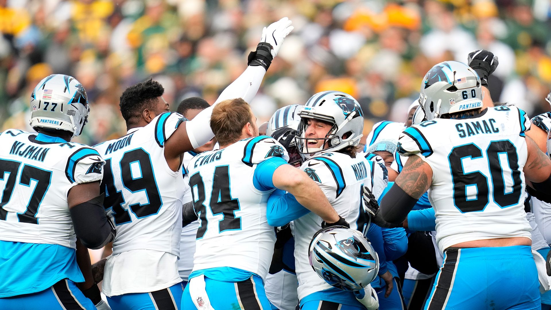 Ryan Fitzgerald #10 of the Carolina Panthers celebrates with teammates after kicking the game winning field goal during the fourth quarter in the game at Lambeau Field on November 02, 2025 in Green Bay, Wisconsin. (Photo by John Fisher/Getty Images)