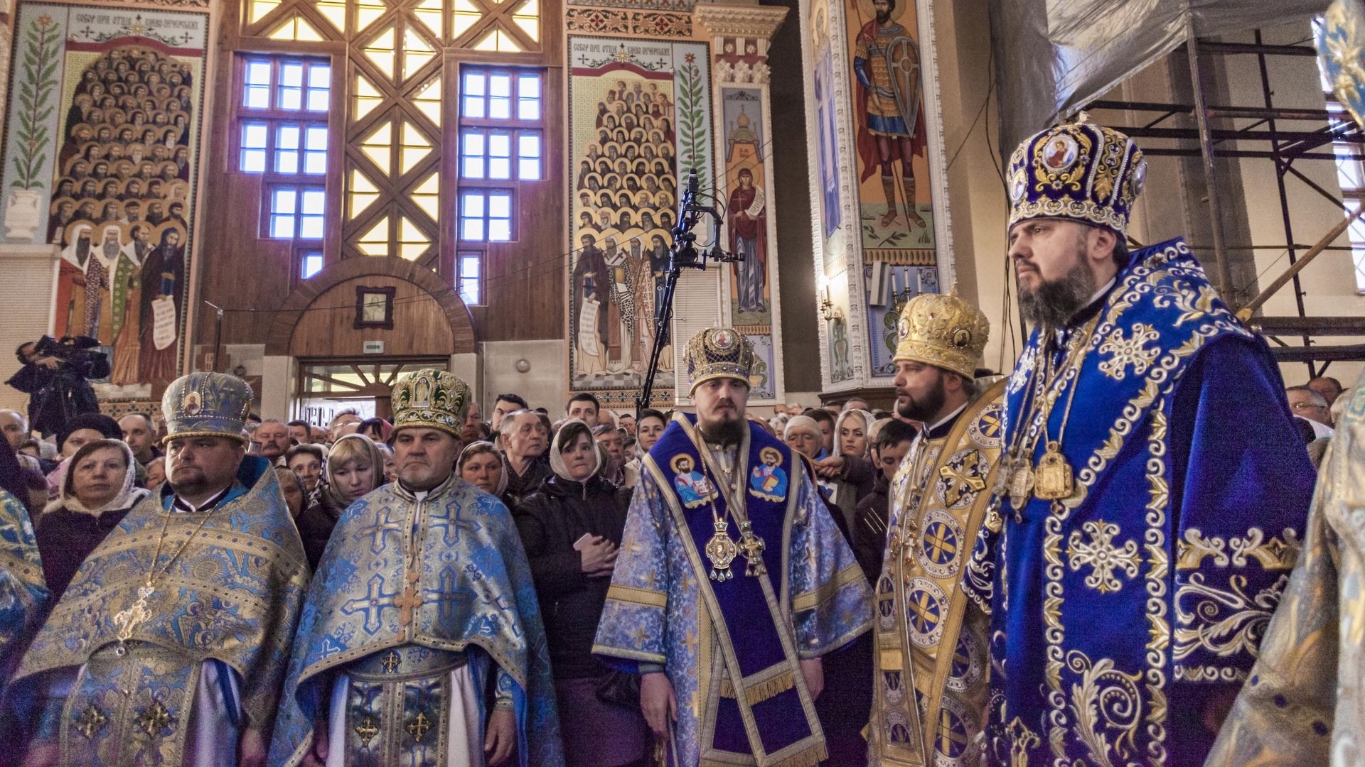 Metropolitan Epiphanius I (right), head of the Orthodox Church of Ukraine, with other priests in Rivne, Ukraine, in 2019.