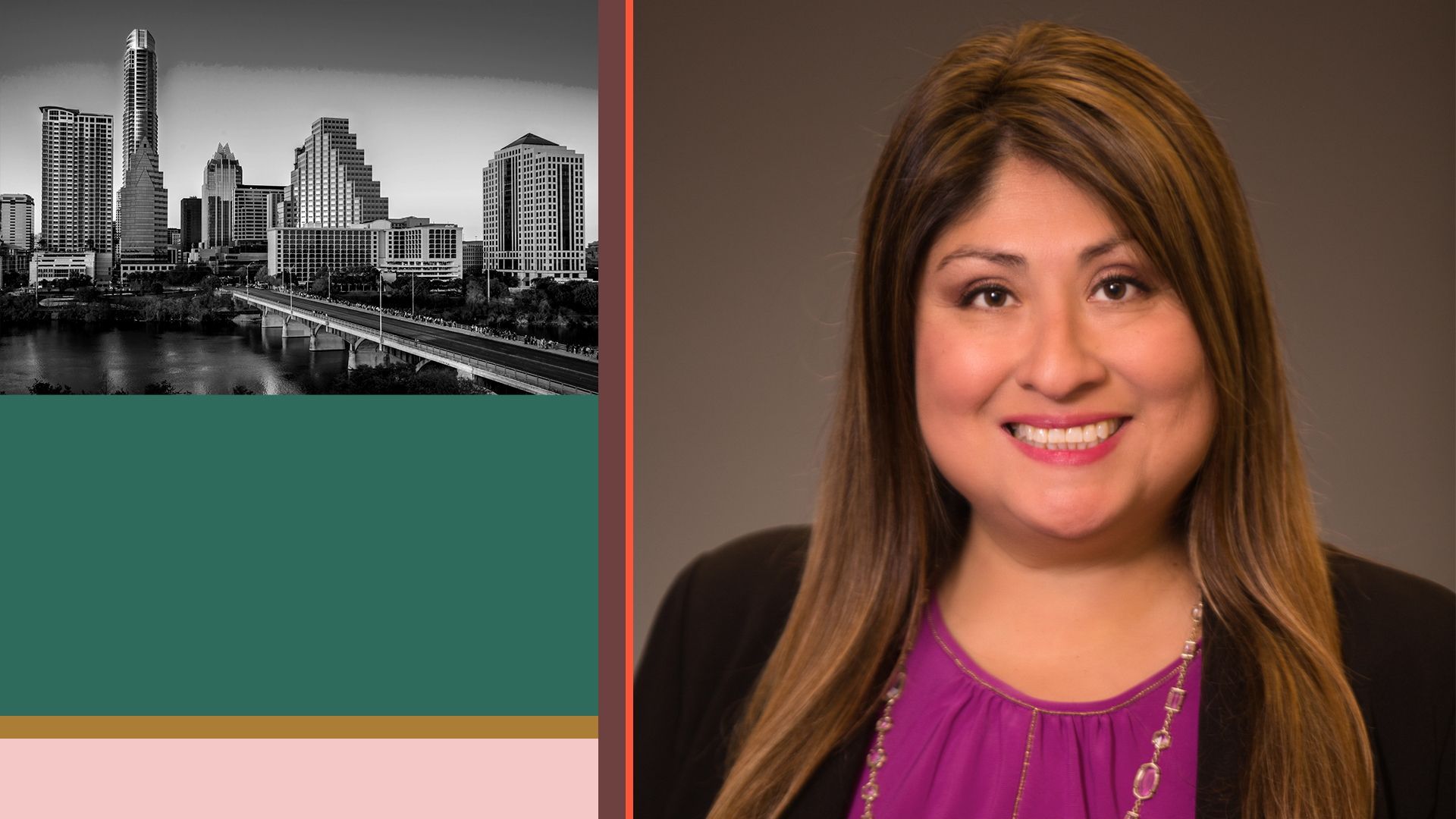 Photo illustration of Michelle Amezquita-Navarro next to a photo of the Austin skyline and an abstract shape background.
