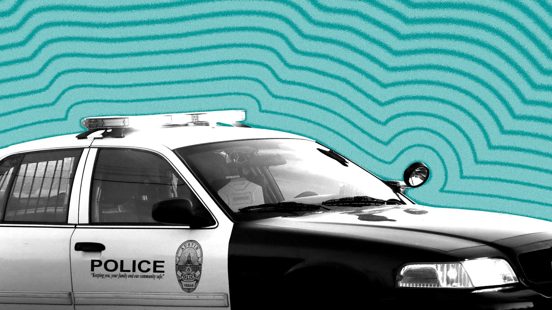 Photo illustration of an Austin Police cruiser with lines radiating from it.
