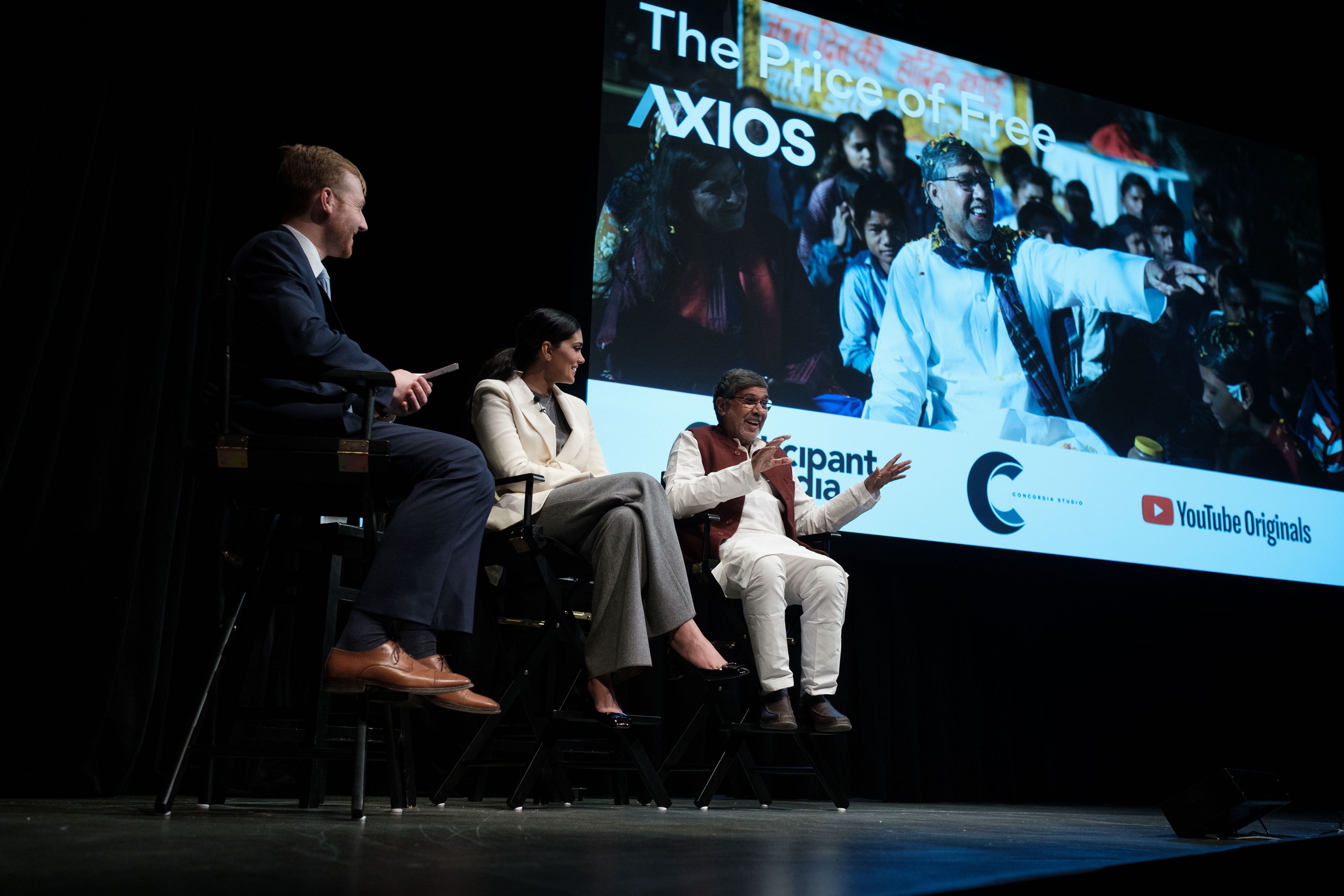 Kailash Satyarthi, Rachel Roy, and Dave Lawler on the Axios stage