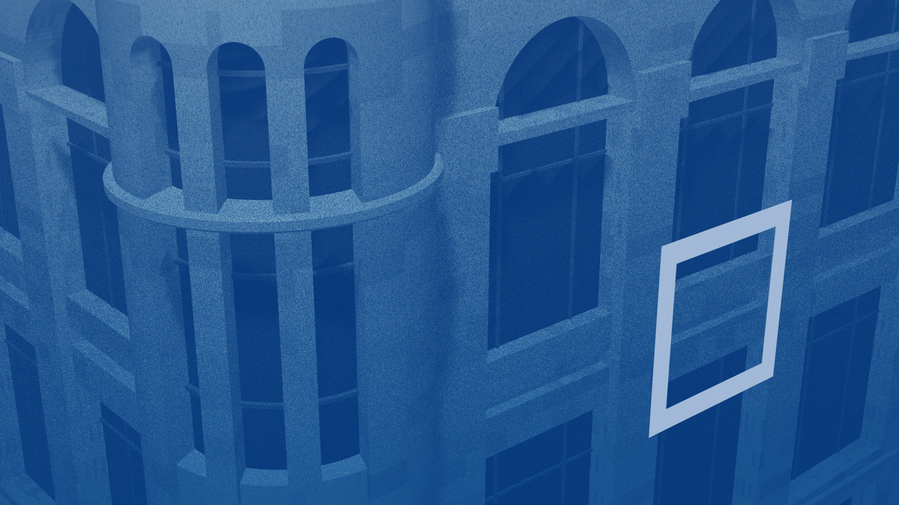 Illustration of a check mark being drawn in front of the Minneapolis City Hall facade in the colors of the city flag. 