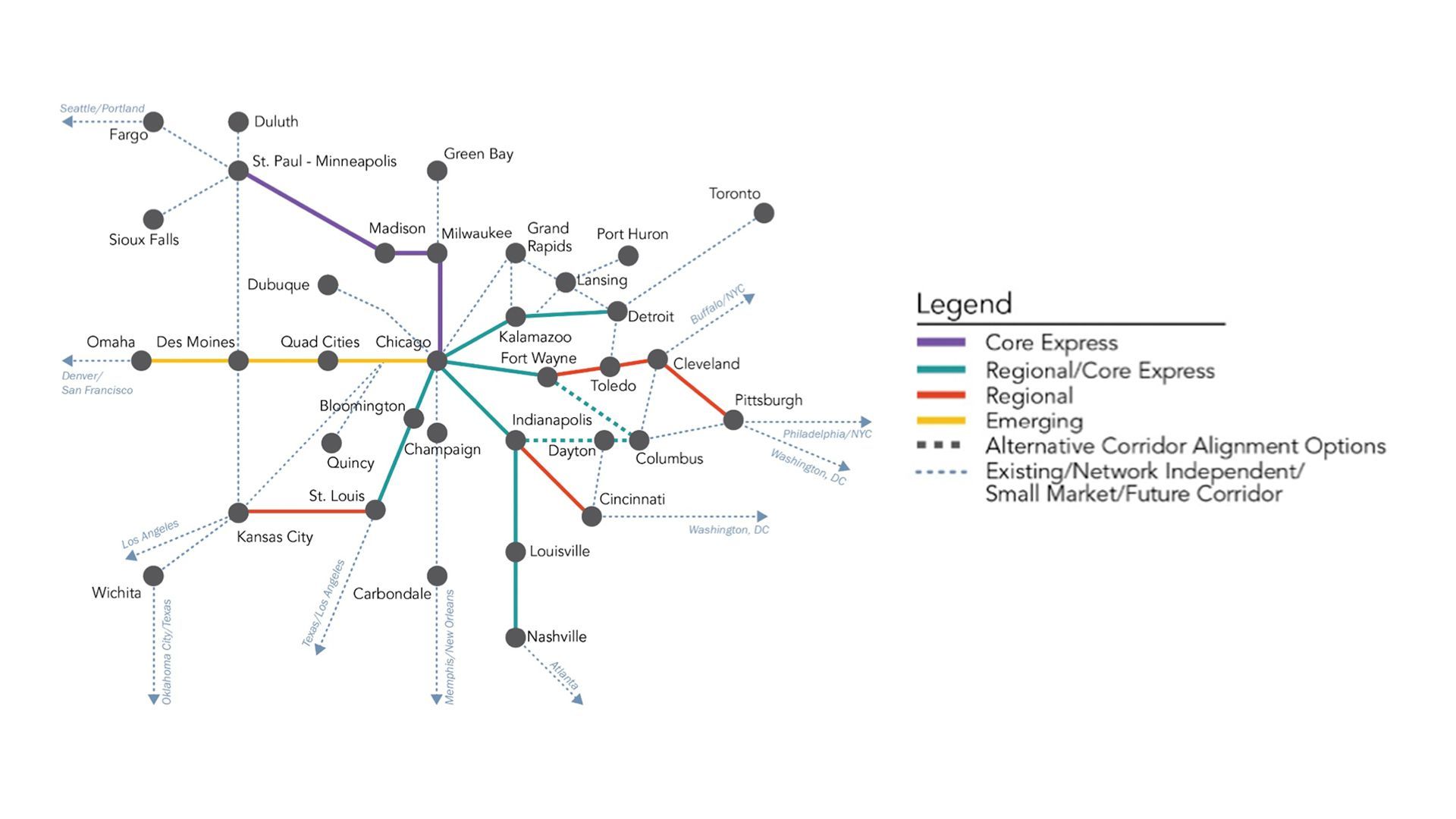 A route map for the Federal Railroad Administration's newly released Midwest Regional Rail Plan.