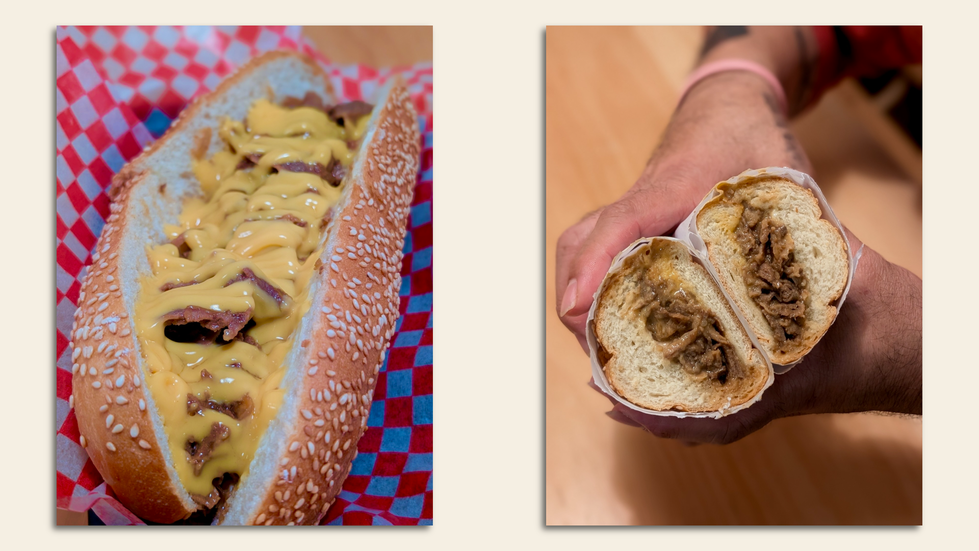 Two cheesesteaks, one in a basked with white and red checkered paper, the other split and being held by two hands.