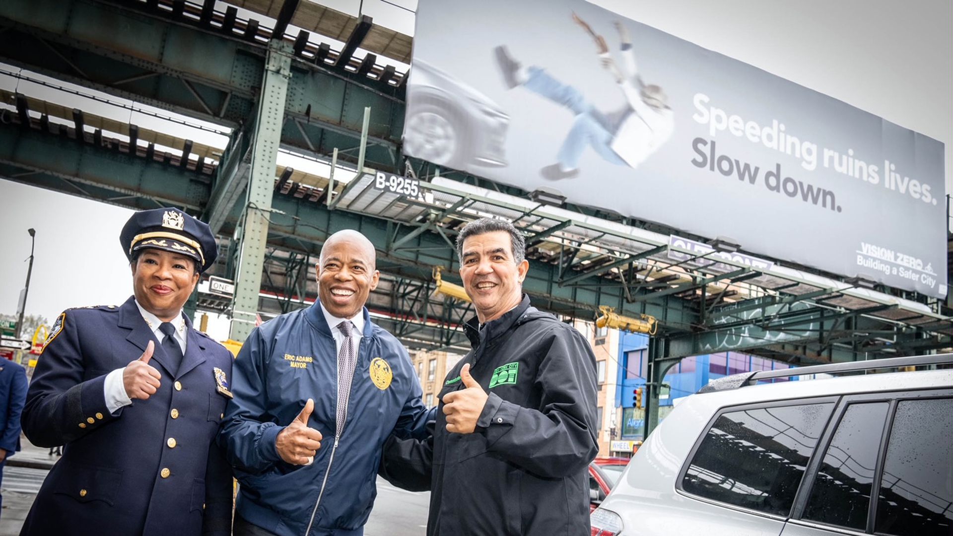 NYPD Transportation Chief Kim Royster, Mayor Eric Adams and NYC DOT Commissioner Ydanis Rodriguez.
