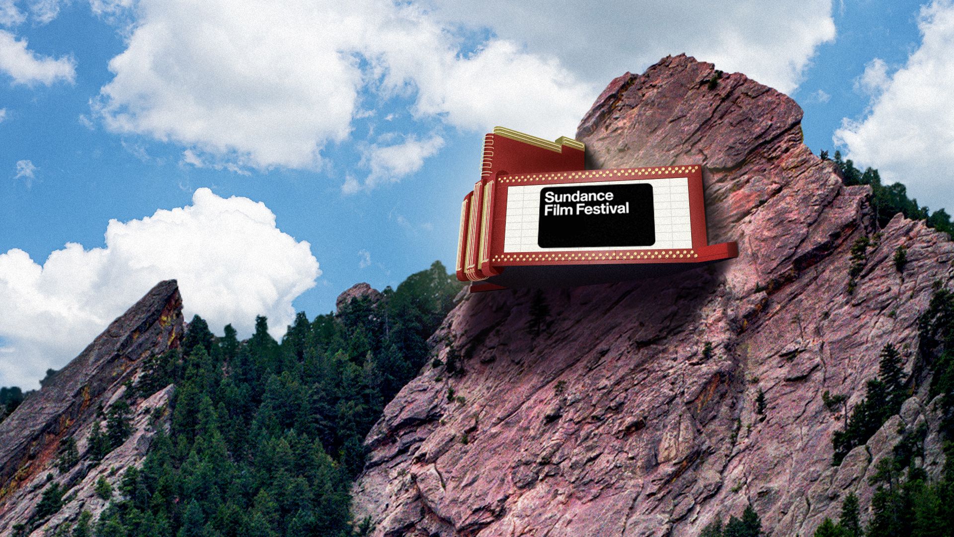 Illustration of a theater marquee with the Sundance Film Festival logo on the Flatirons.
