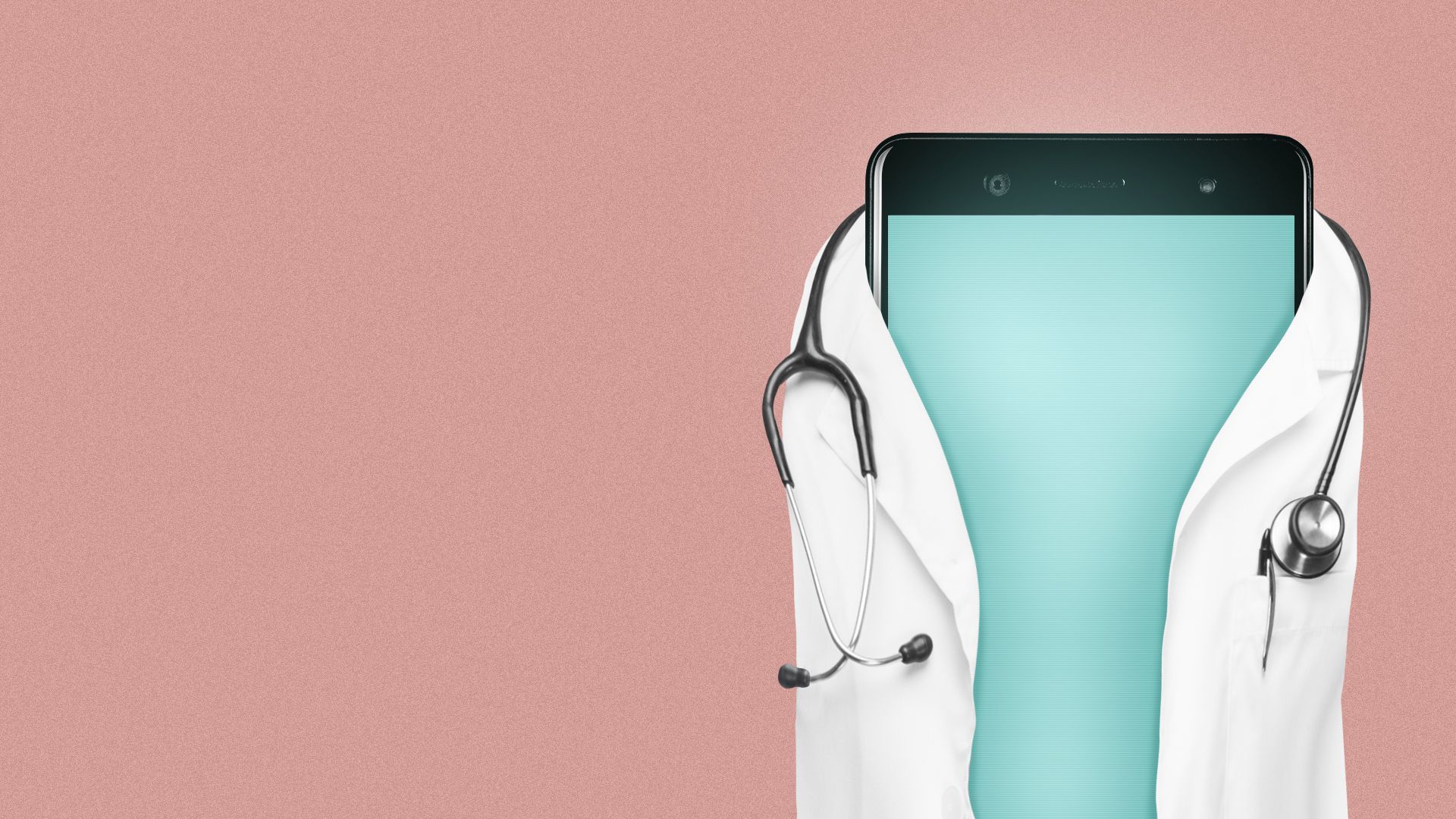 Illustration of a phone wearing a doctor's coat and a stethoscope. 