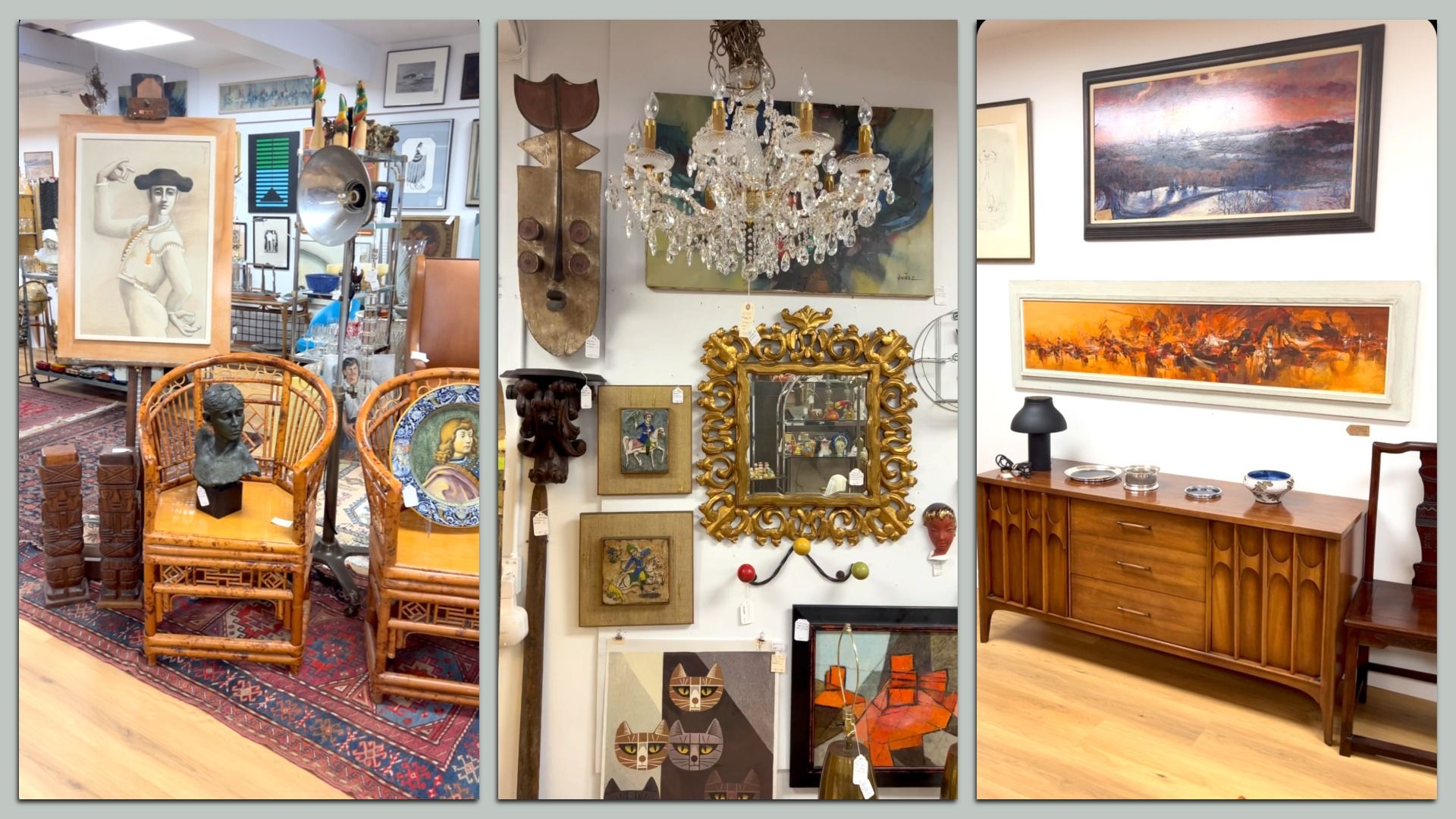 Three sections showing antique items: left, wicker chairs, bust statue, framed art; center, carved mask, gold-framed mirror, chandelier, paintings; right, wooden sideboard, modern lamp, two framed paintings.
