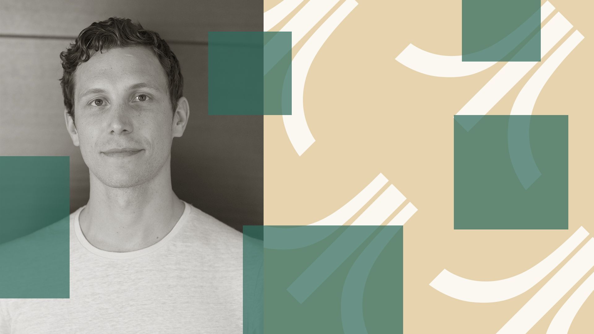 Photo illustration of Wade Rosen alongside a background of squares and the Atari logo.