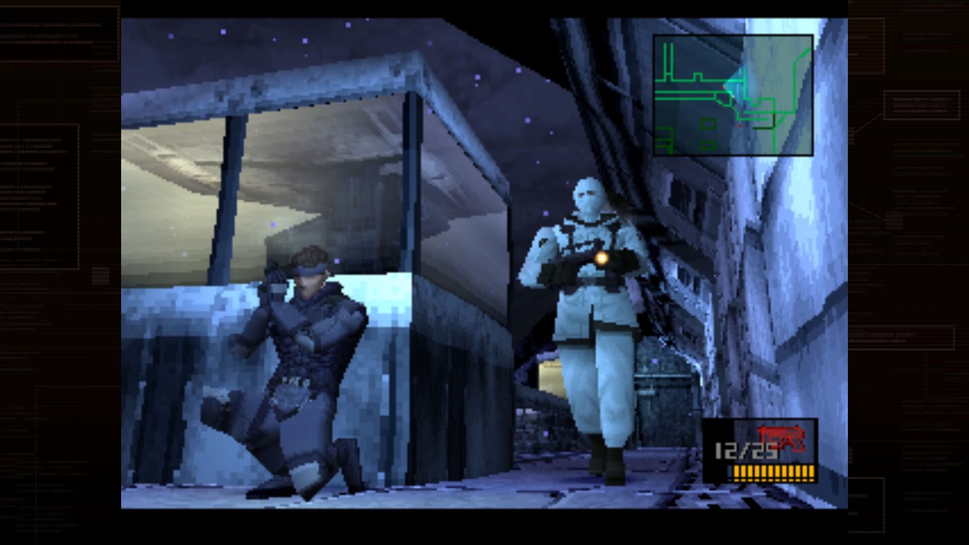 Video game sceenshot showing a soldier crouched behind a wall as another soldier approaches. The graphics are old-fashioned.