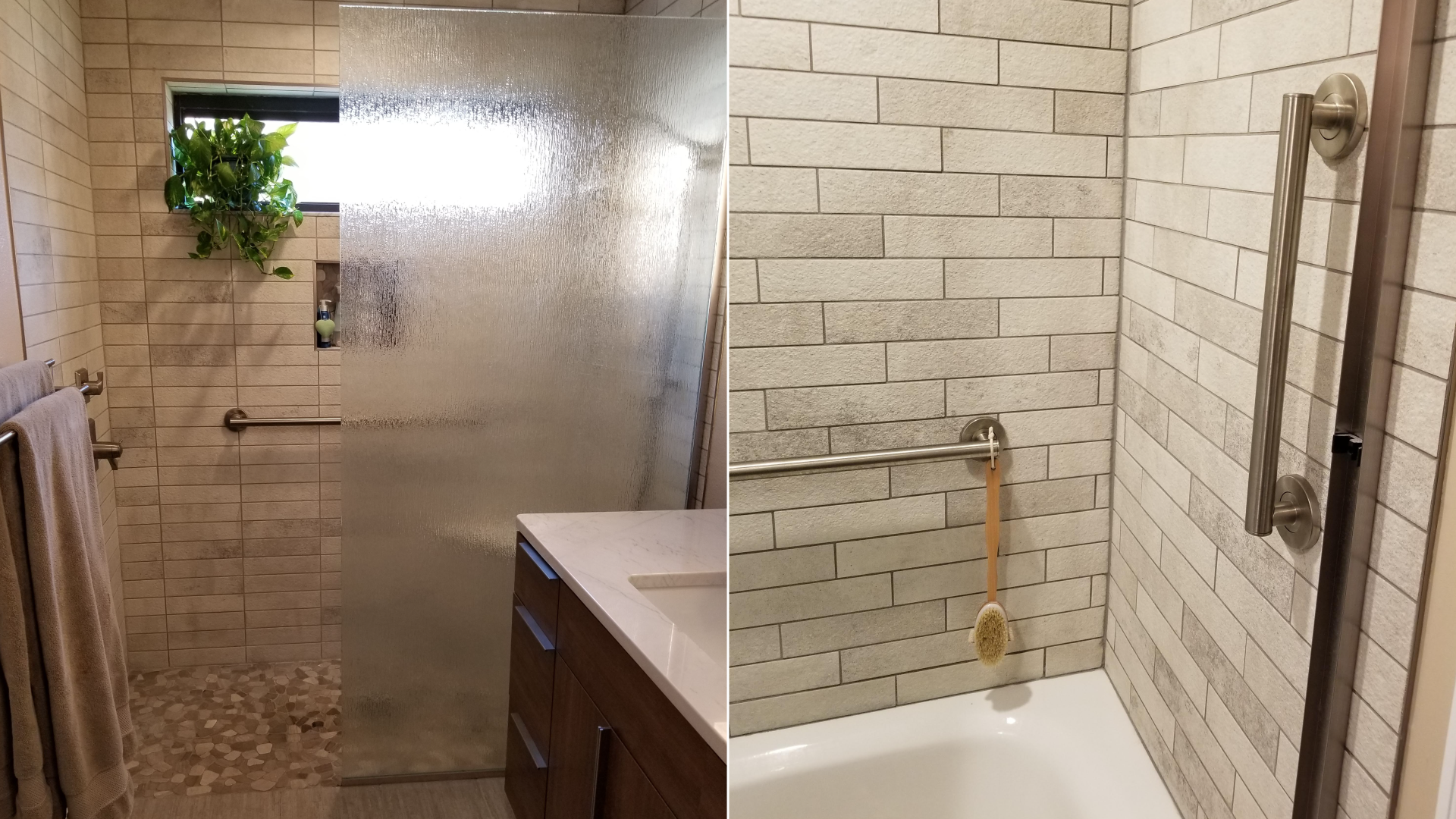 Two photos of bathrooms, one showing a walk-in shower with sand-colored tiles and a green pothos plant on the windowsill, the other of a bathtub with silver grab bars attached to the gray tile walls.