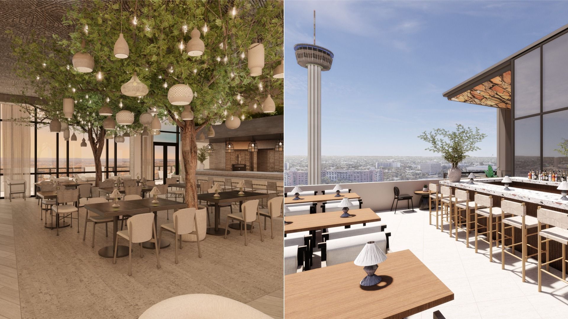 Left indoor dining area with tables, beige chairs, large artificial trees with hanging lanterns and lights. Right rooftop bar with wooden tables, stools, potted plants, and a tall tower under blue sky.
