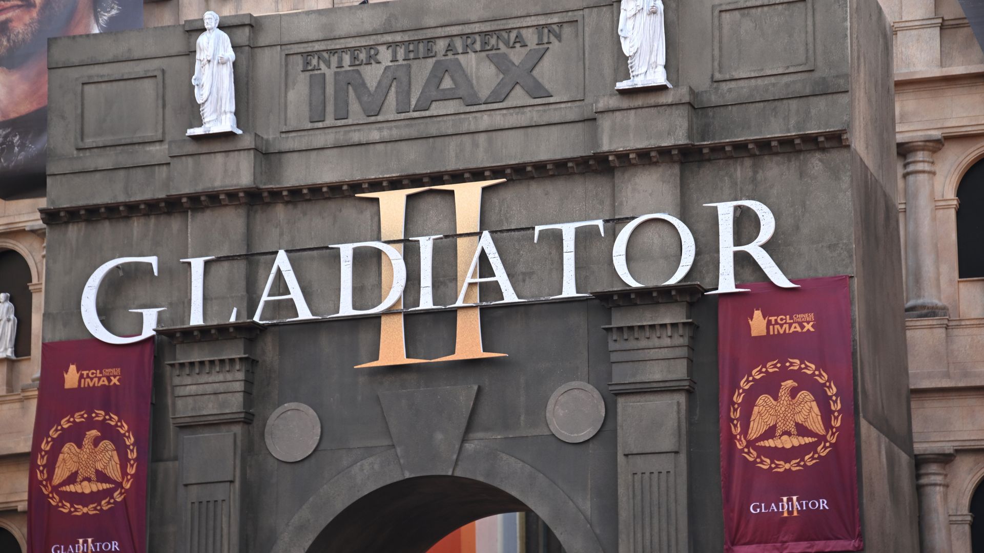 An exterior view of the 40-foot tall by 80-foot wide Roman Colosseum themed facade built in celebration of the film "Gladiator II" at TCL Chinese Theatre