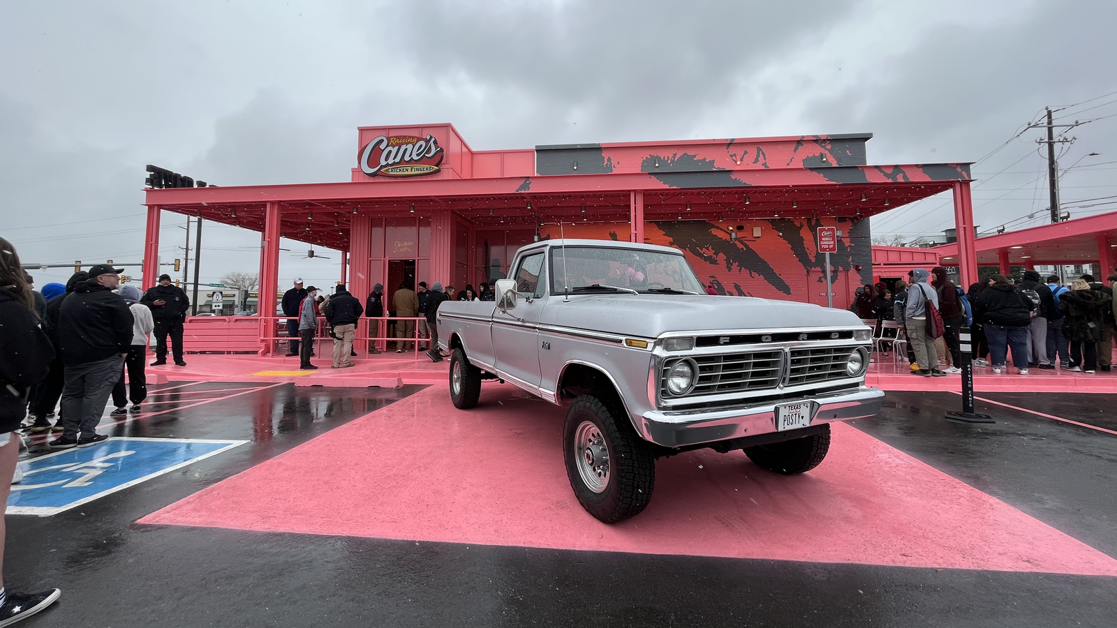 Utah's bright pink Raising Cane's location designed by Post Malone