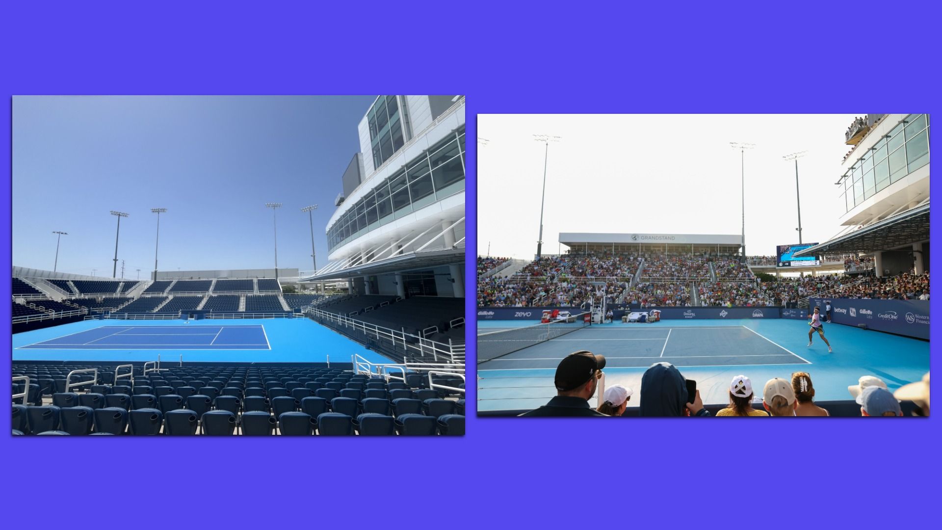 Two tennis stadiums side by side: left features an empty blue hard court and modern curved building under a clear sky; right shows a crowded match on a blue court with grandstand banners.