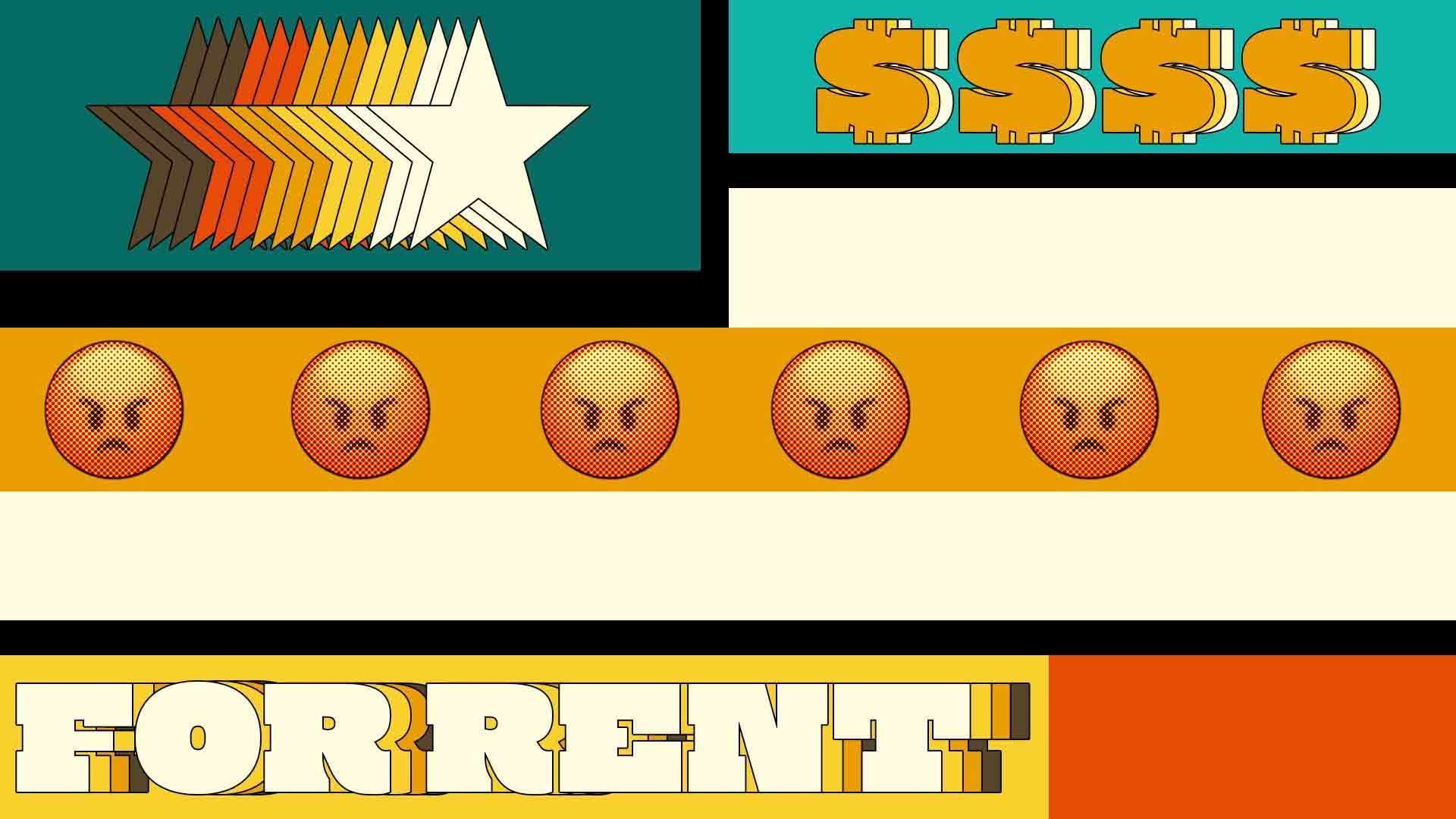 Illustration of stars, dollar signs, the words "for rent," and angry emojis on a background resembling the U.S. flag