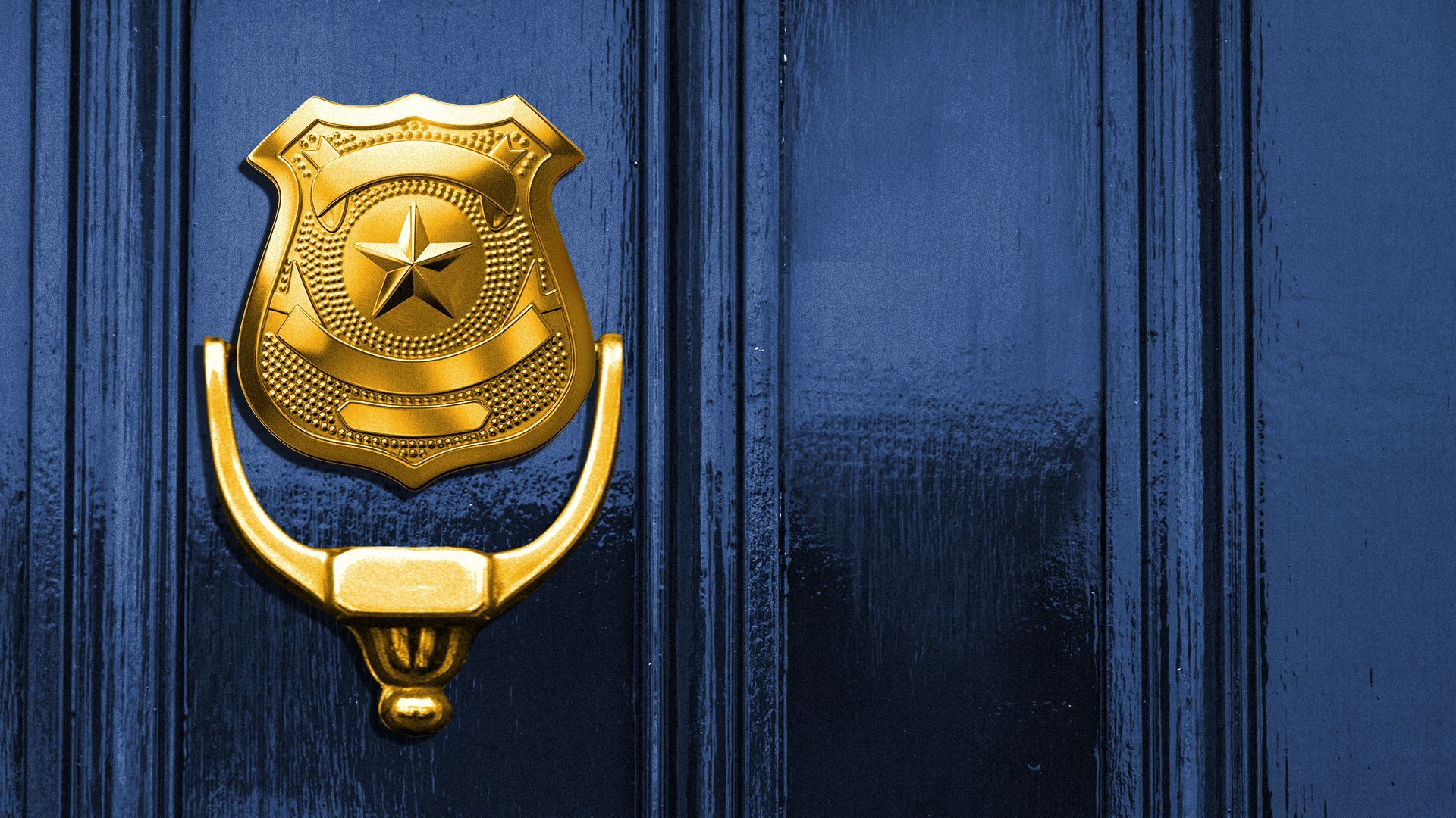 Illustration of a police badge door knocker on a door.