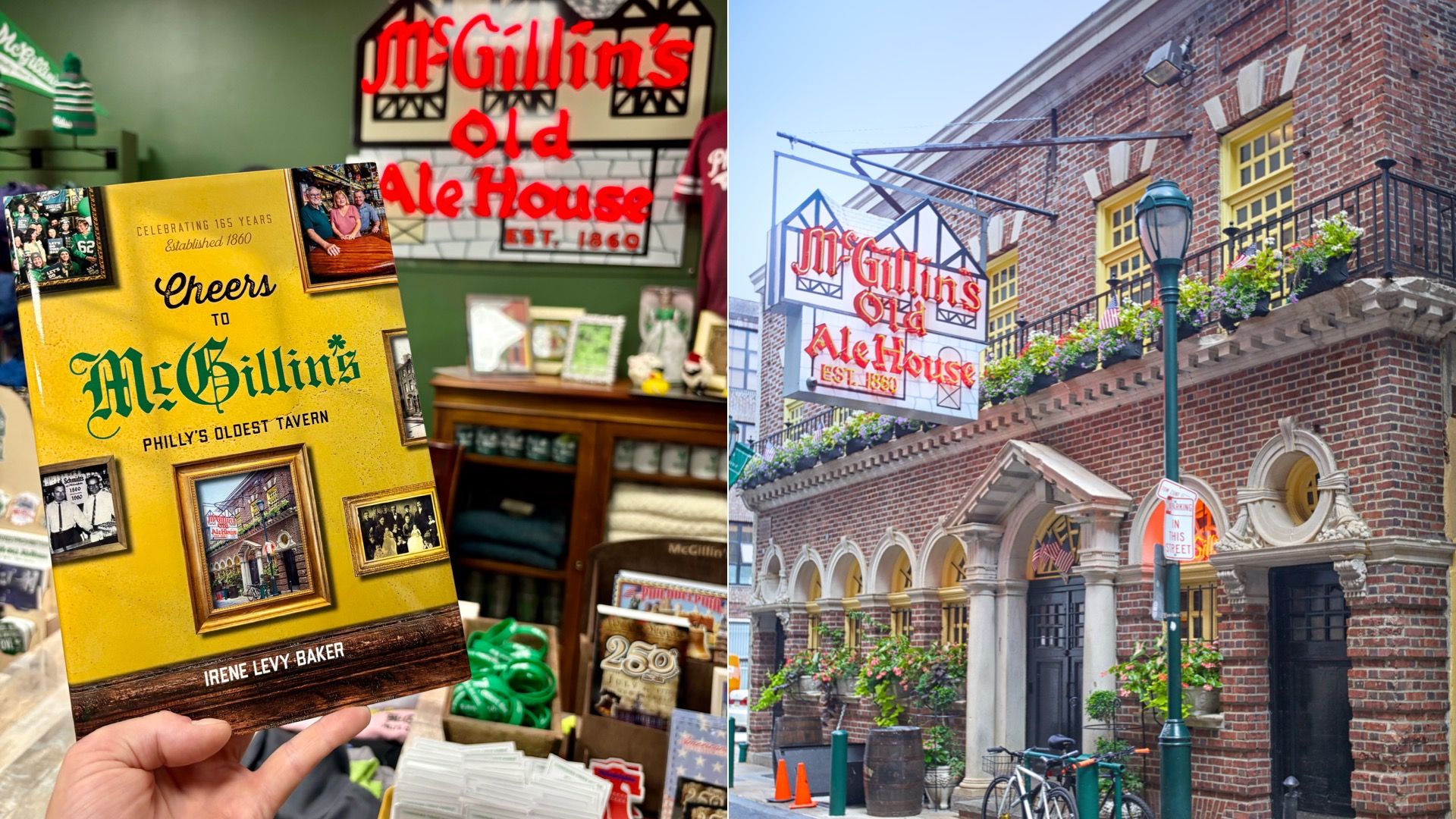 Left to right: The book cover of "Cheers to McGillin's" and the outside the the Center City pub.