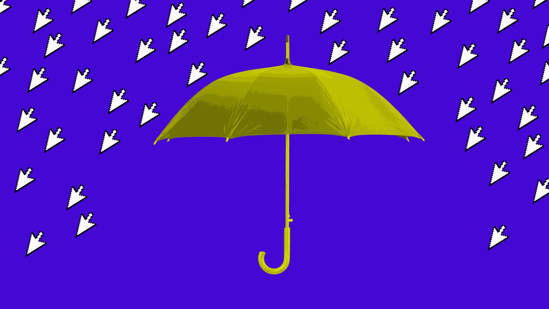 Illustration shows umbrella blocking out mouse cursors as rain drops before blue background.