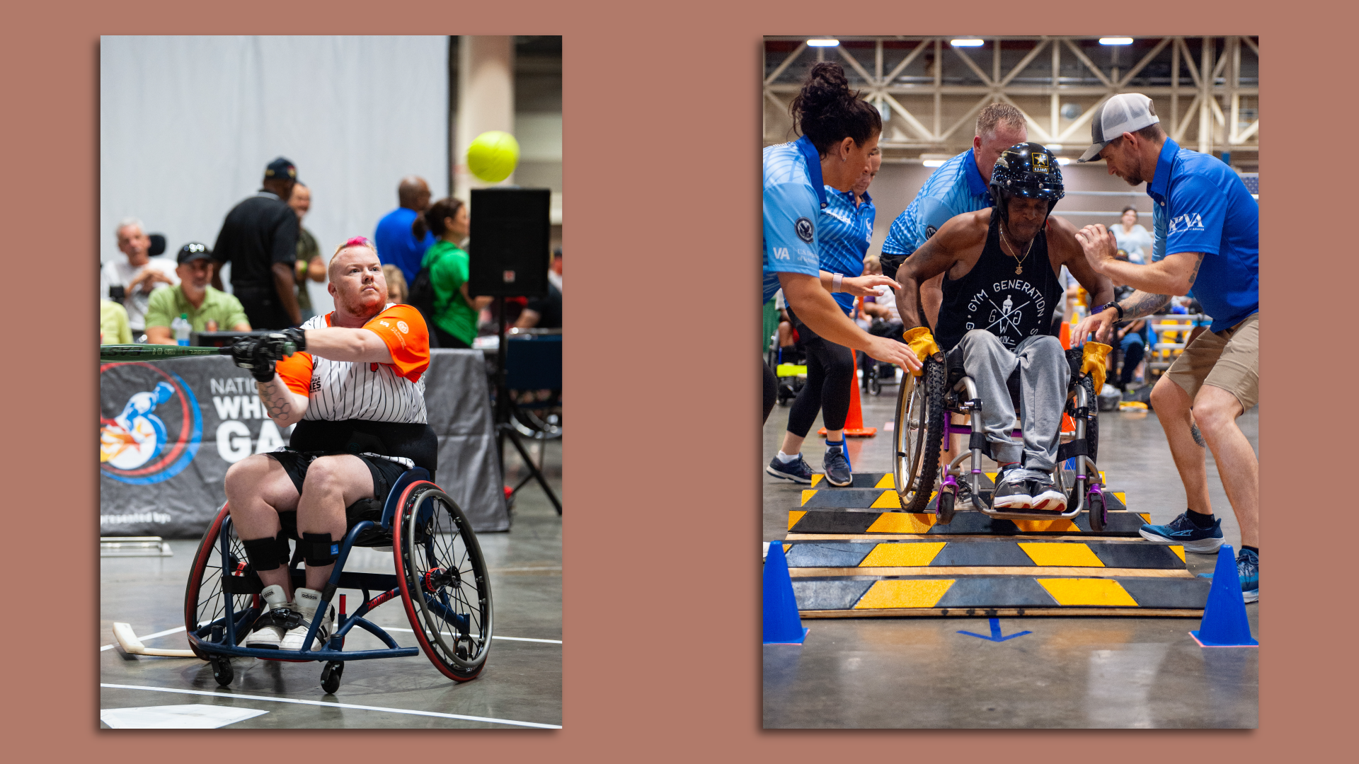 In side by side photos, Ashtyn Kelleye hits a softball with a bat, and another athlete navigates the slalom.