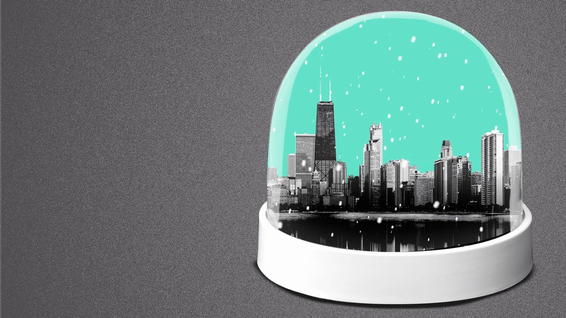 Illustration of a snow globe with the Chicago skyline inside it.