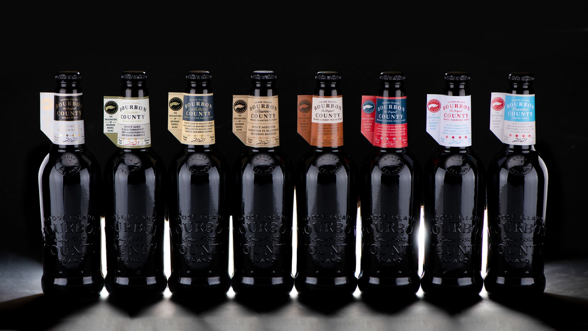 The lineup of 2021 Bourbon County Brand Stout from Goose Island. Photo courtesy of Goose Island