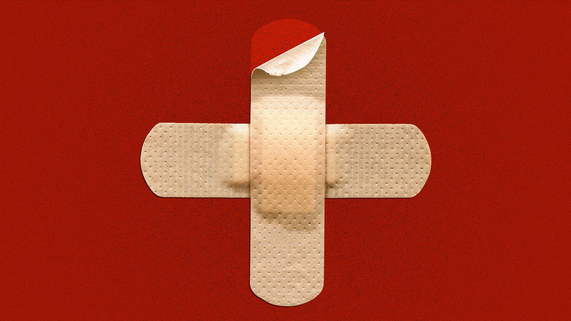 Illustration of two adhesive bandages forming a medical cross on a red background, with the vertical adhesive bandage peeling from the corner. 