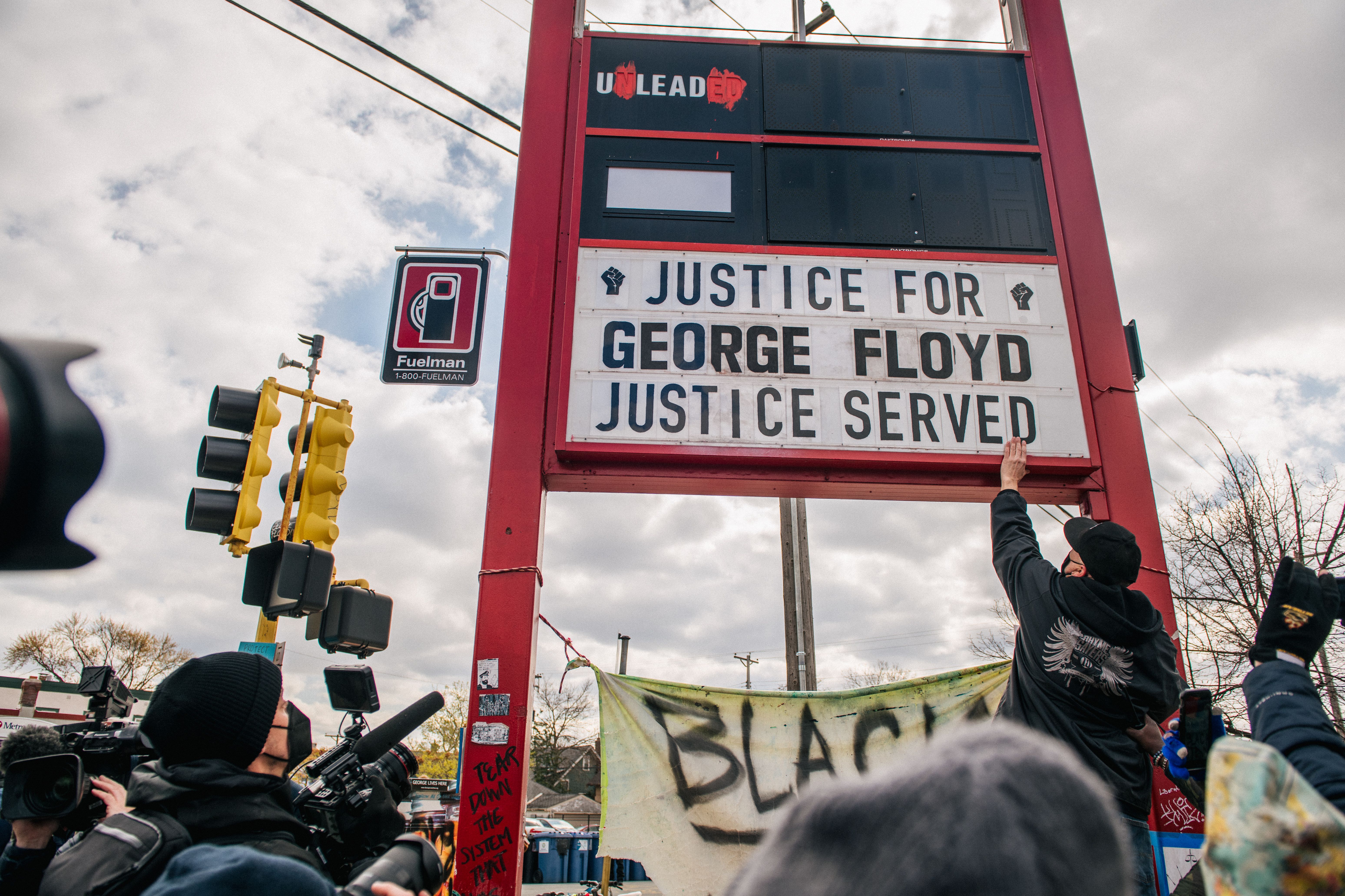 People celebrate the guilty verdict in the Dereck Chauvin trail at the intersection of 38th Street and Chicago Avenue on April 20, 2021 in Minneapolis, Minnesota.