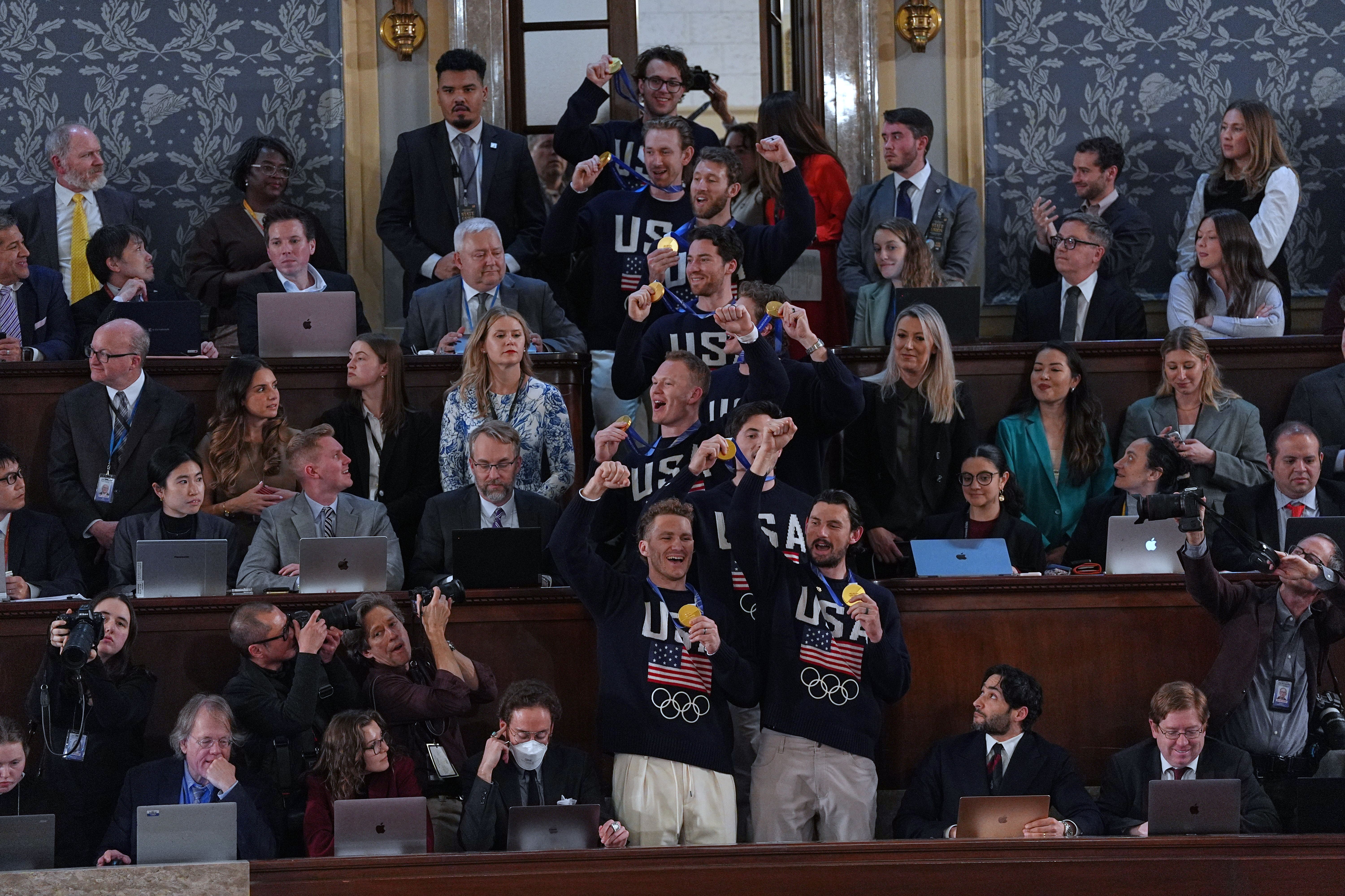 Twenty members of the USA men's Olympic hockey team at the State of the Union. Photo: Matt Rourke/AP