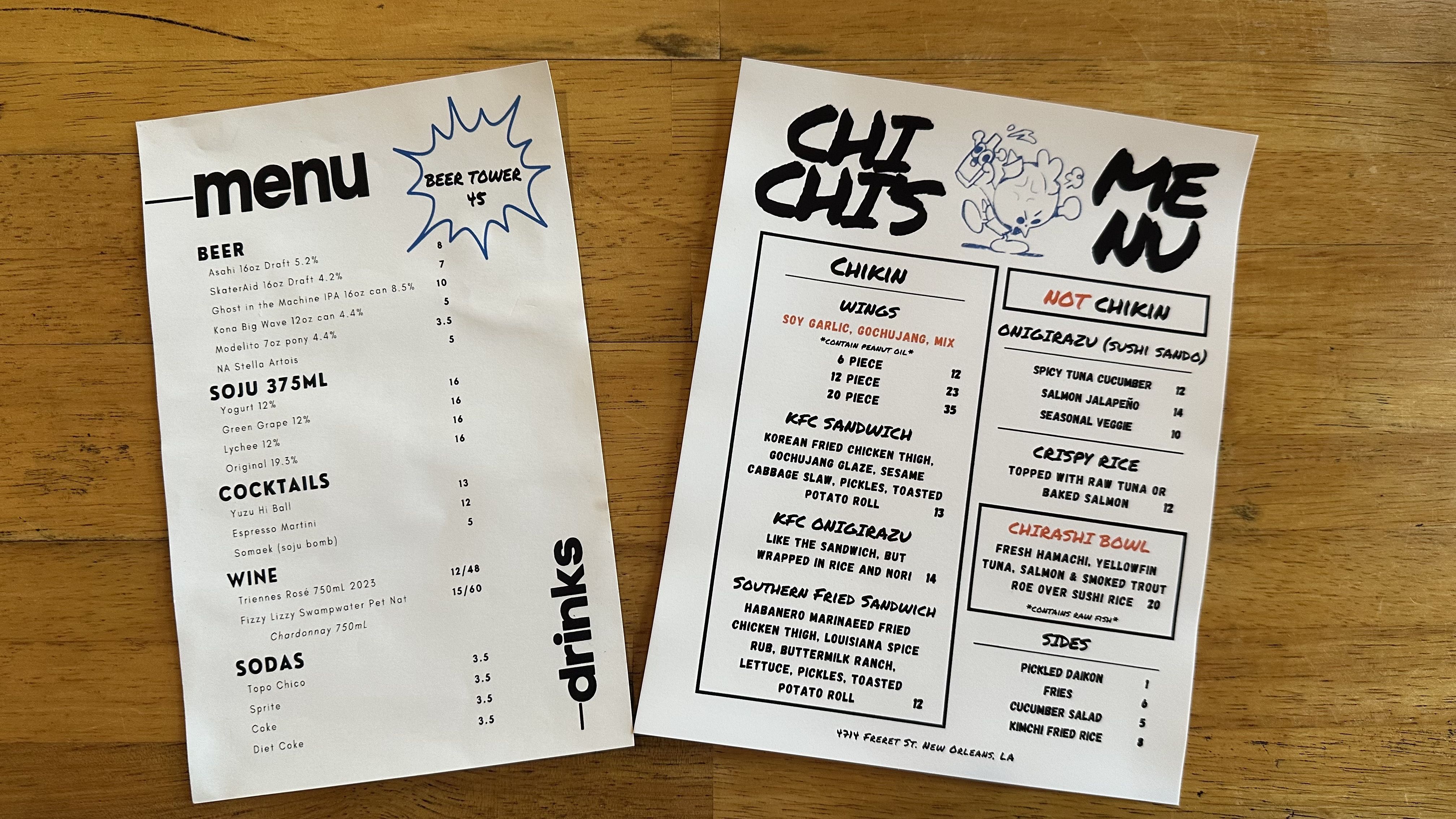 The drink and food menu at Chi Chi's sits on a tabletop.