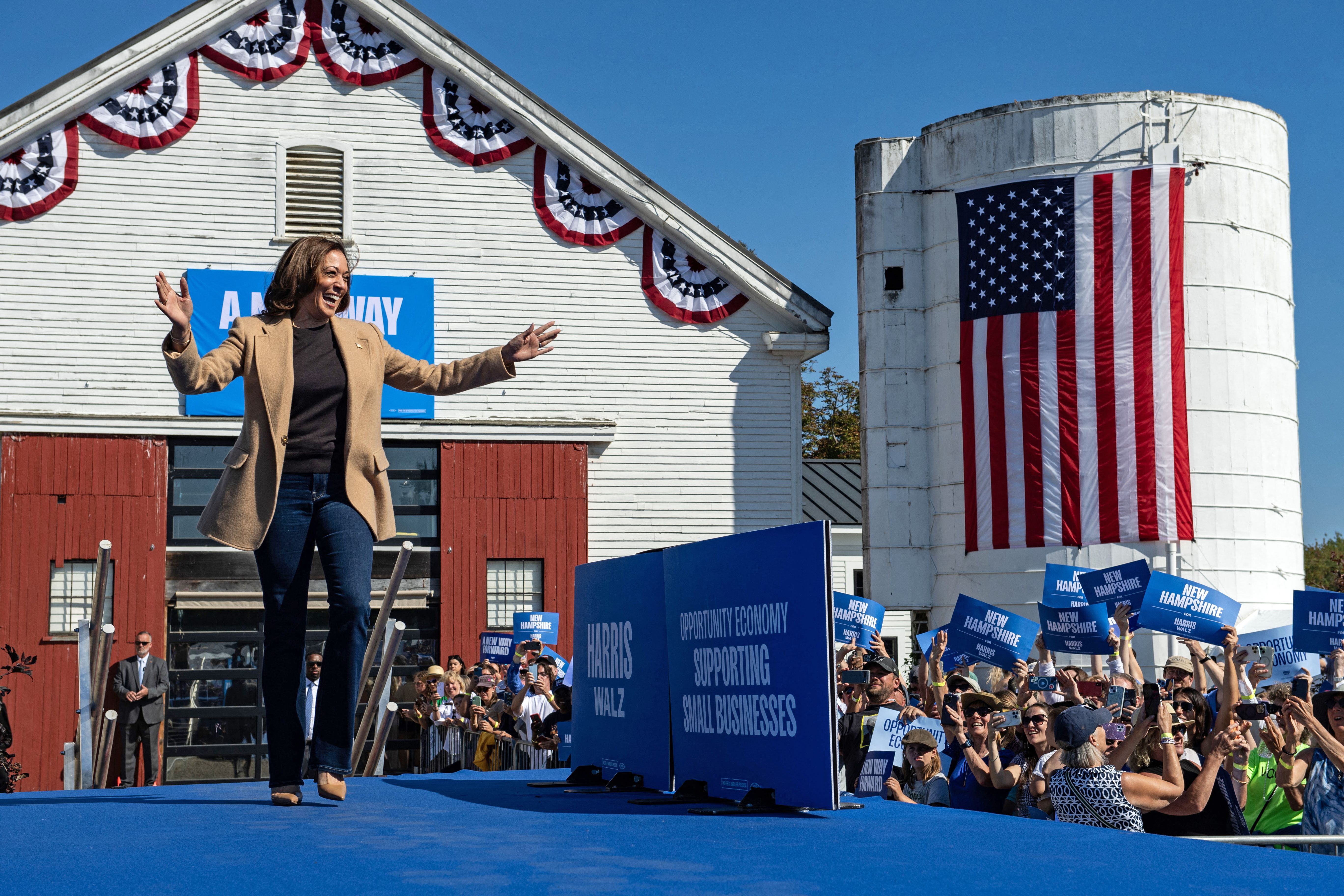Vice President Harris arrives to speak at a campaign event in North Hampton, N.H., yesterday.