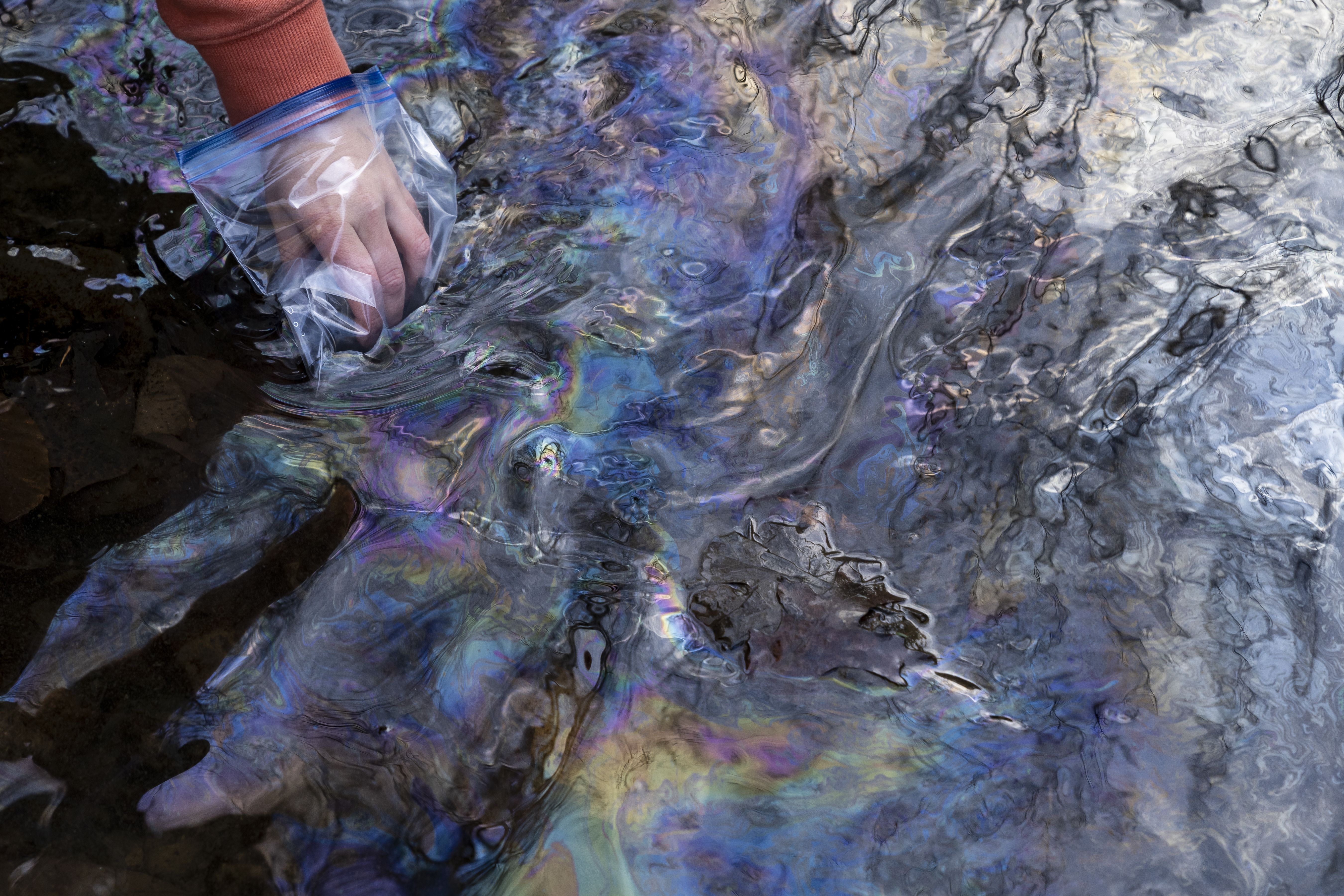 An image of a person's hand wearing a ziploc bag taking a sample from oil slick contaiminated warer. 