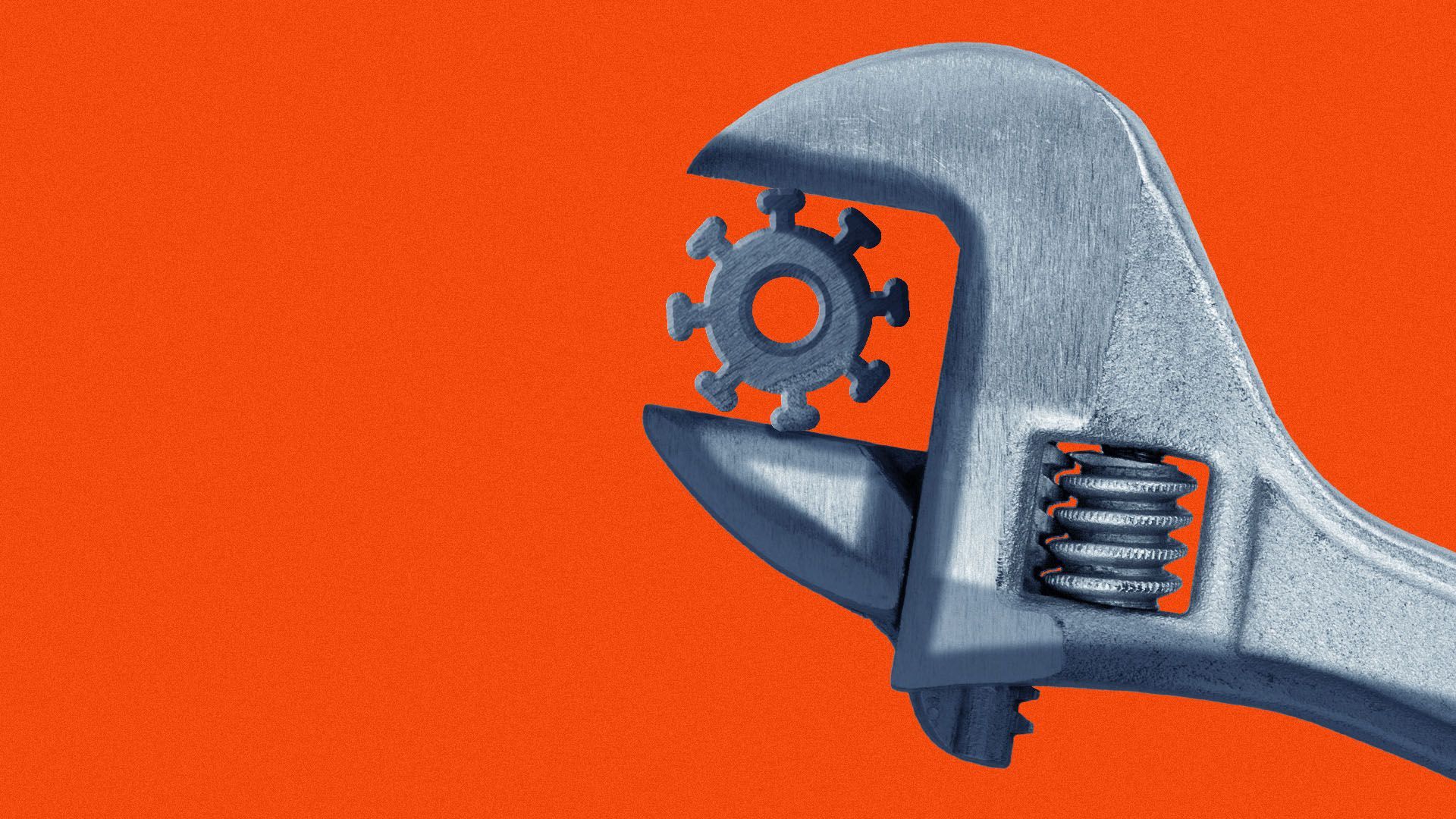 Illustration of a wrench turning a virus-shaped nut