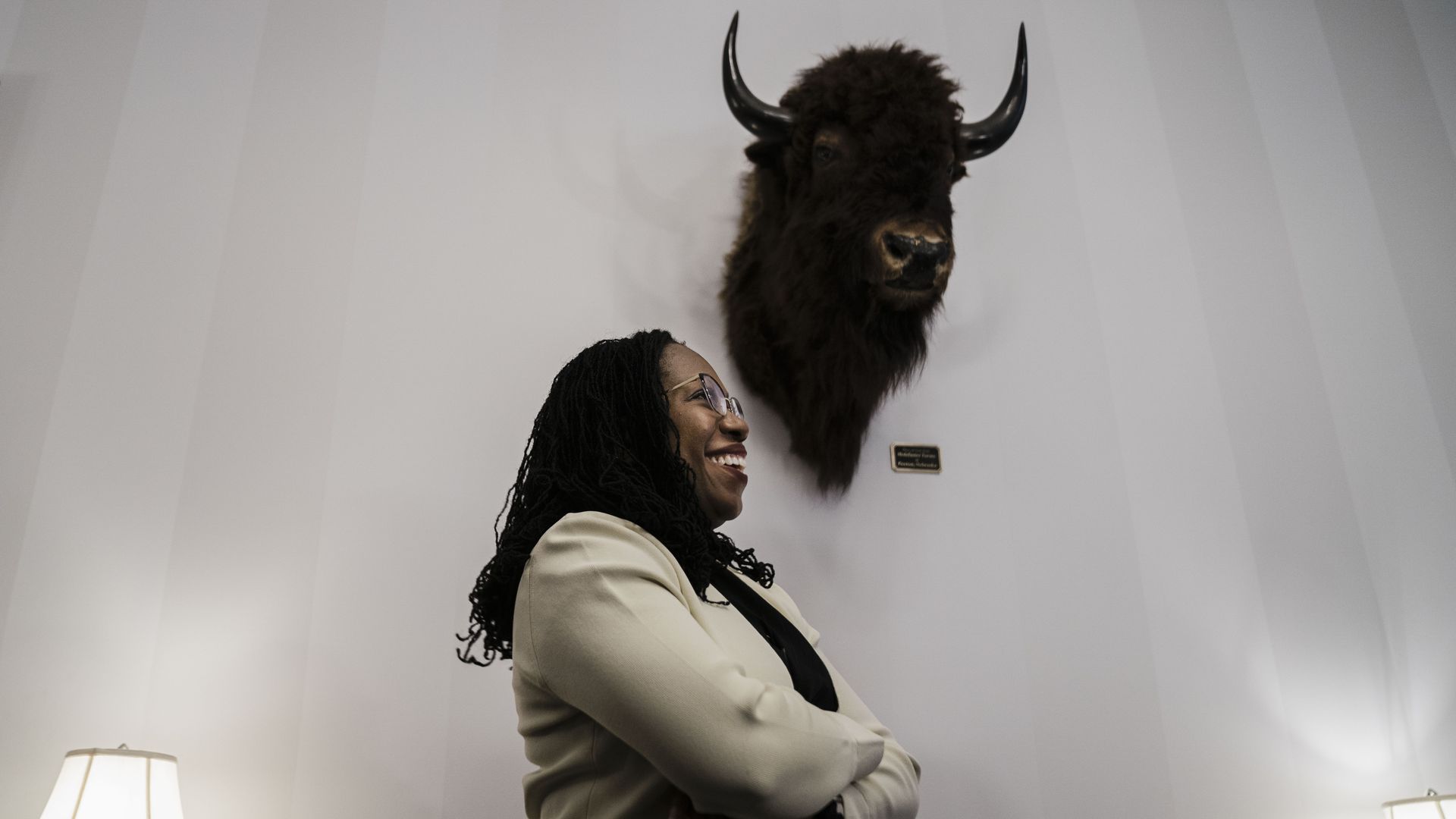 A buffalo head is seen hanging over Judge Ketanji Brown Jackson before her meeting with Sen. Ben Sasse.