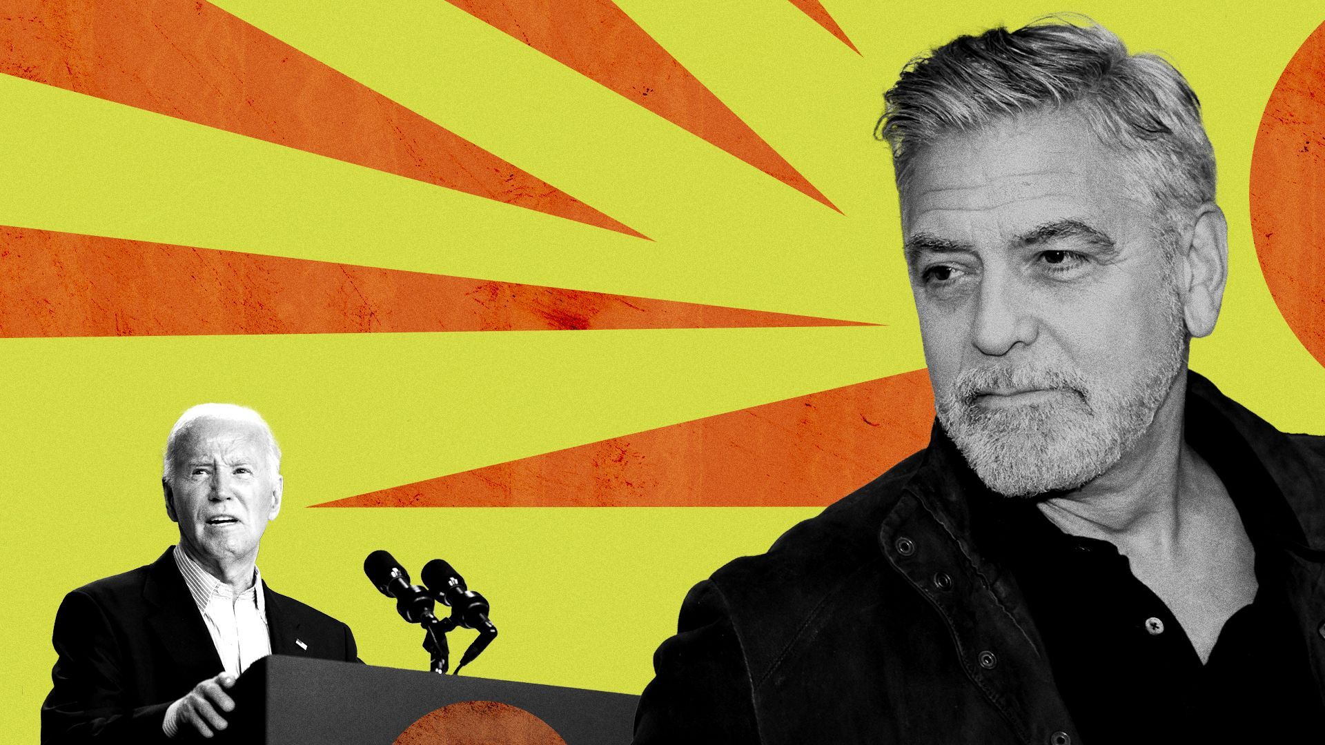 Photo illustration of George Clooney, Joe Biden and abstract shapes.