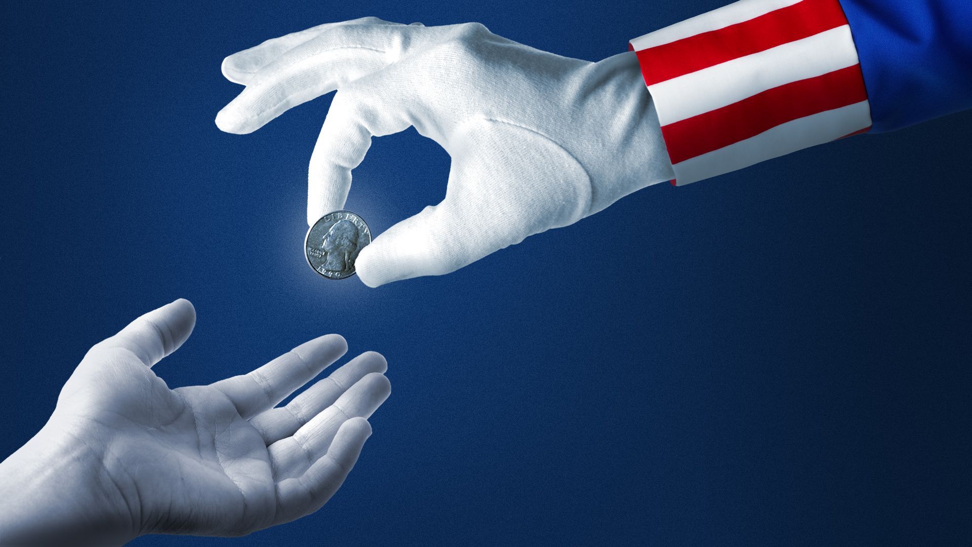 Illustration of Uncle Sam placing a quarter in a person's outstretched hand.