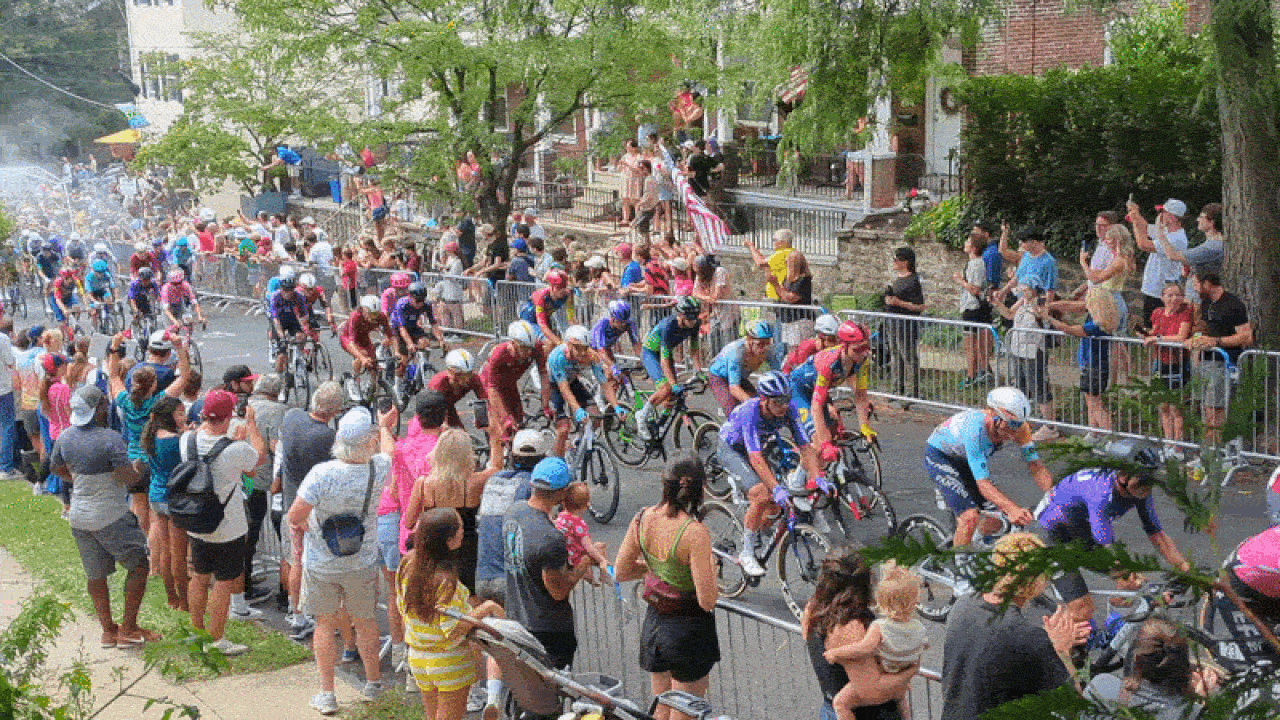 A large group of cyclists in colorful jerseys race along a city street, lined by metal barriers. Spectators cheer and photograph from both sides, with trees and houses in the background.