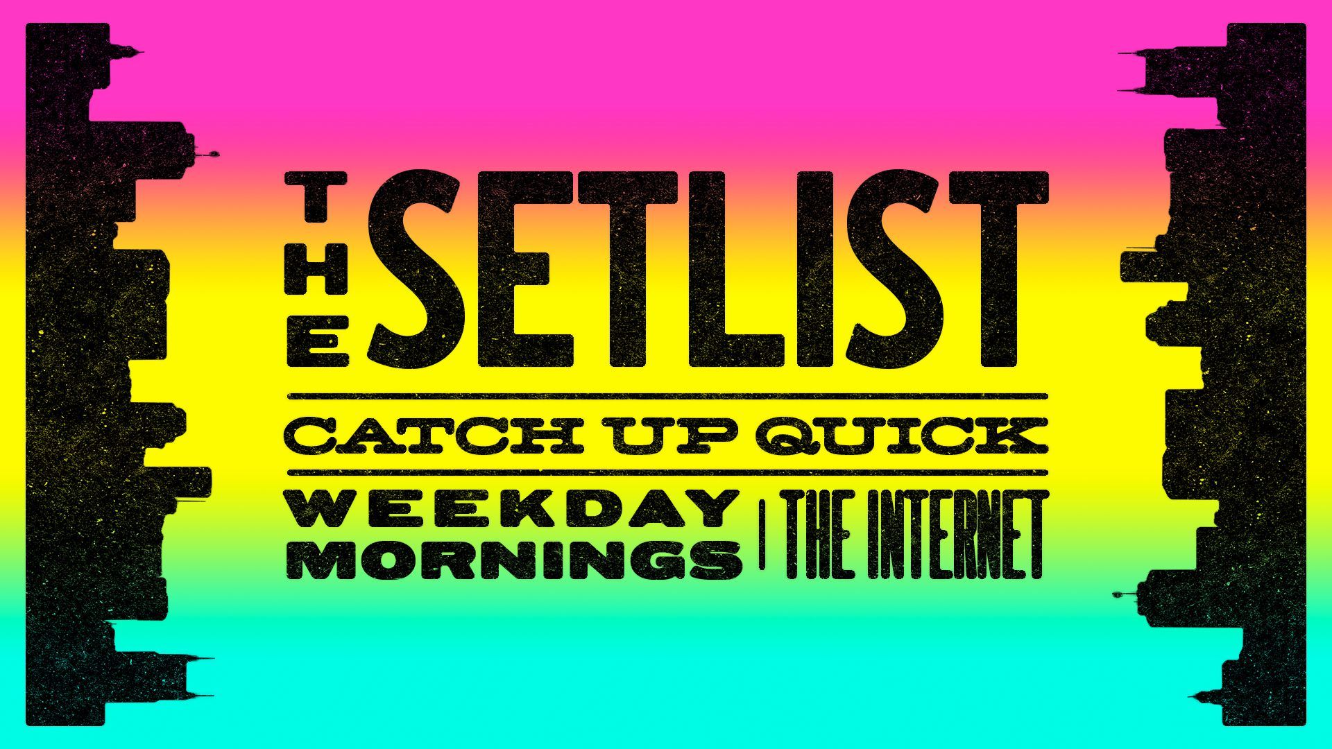 Illustration of a concert-style poster reading "The Setlist, catch up quick, weekday mornings, the internet," and two silhouettes of the Nashville skyline, over a three-color gradient.