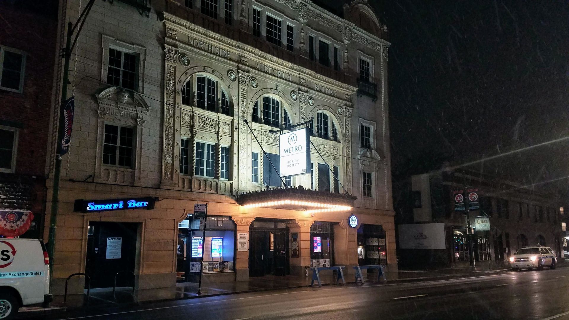 Photo of a the marquee lit up on a building. 