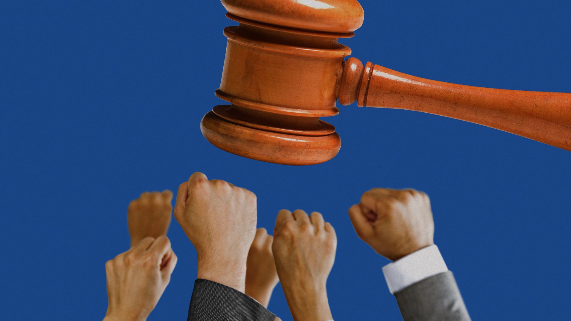Illustration of a group of business peoples' raised fists at the bottom of an image with a justice gavel above them.
