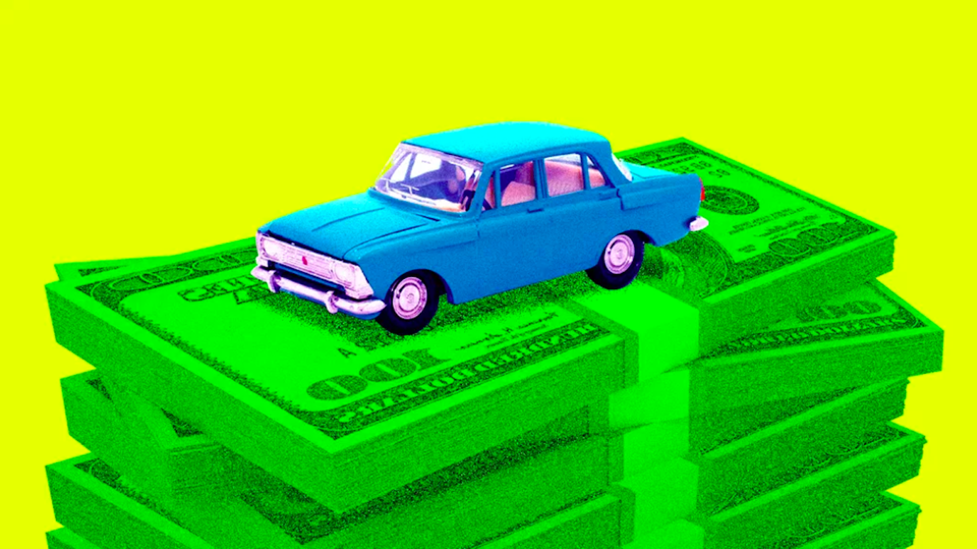 Illustration of a blue car parked on top of a stack of money.