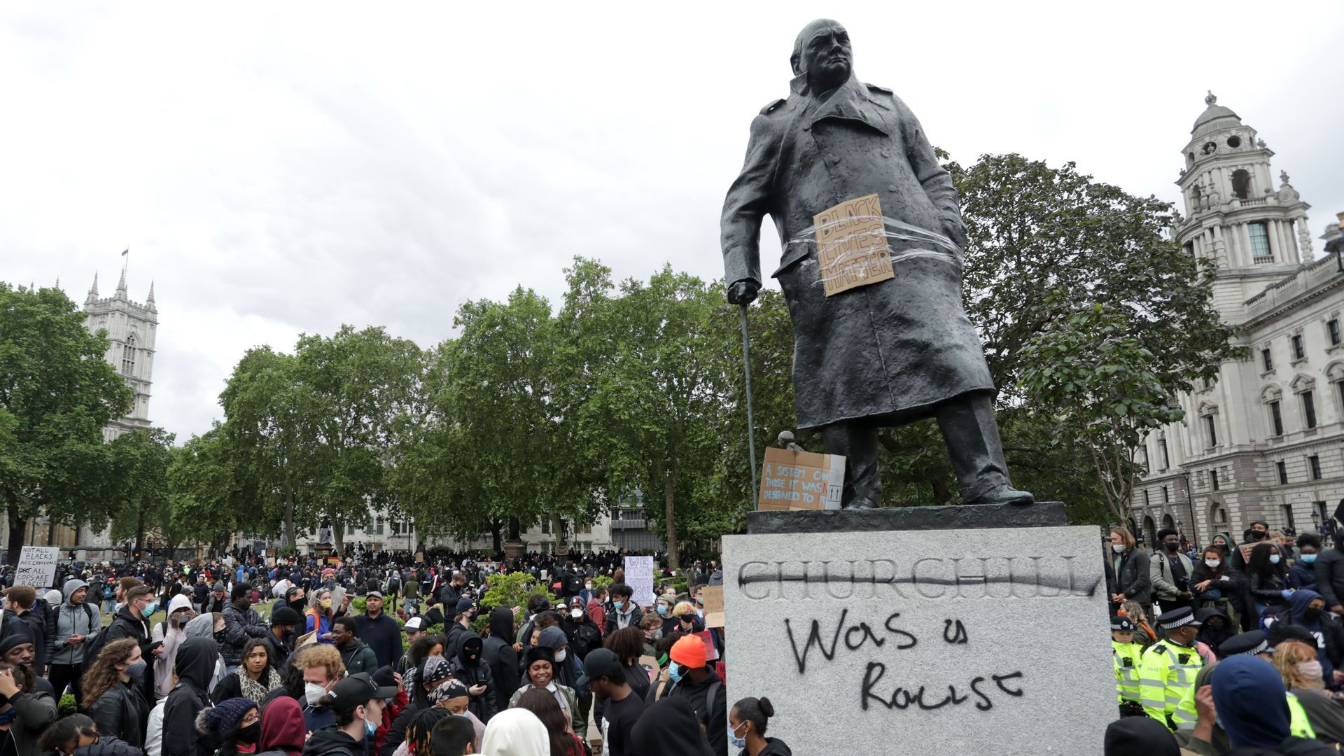 The Winston Churchill statue in Parliament Square is defaced for a second day on June 7.