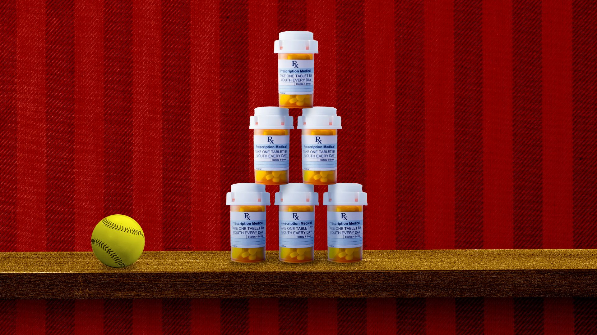 An illustration of pill bottles with a baseball to the left.