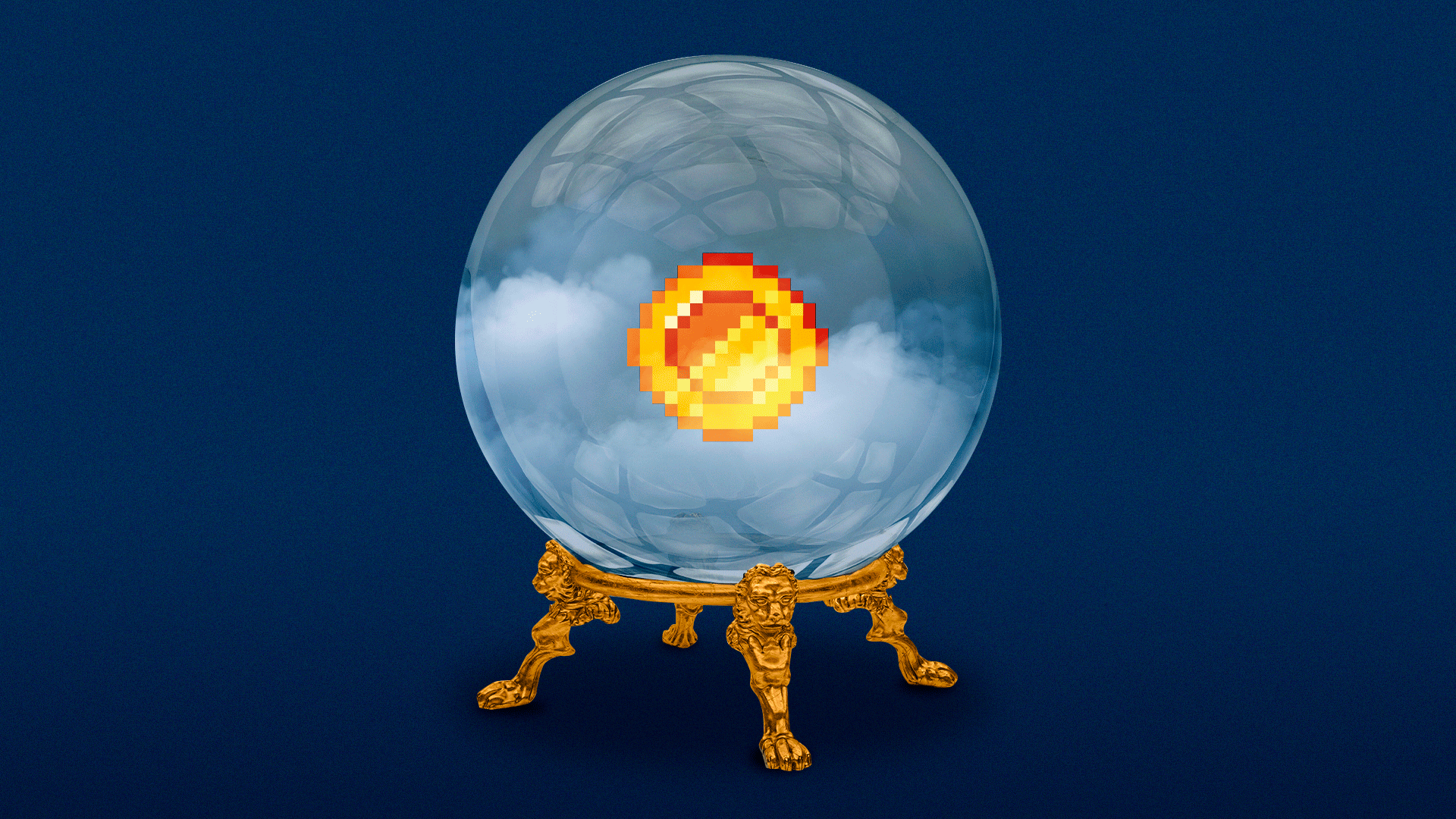 Illustration of a crystal ball with a pixelated coin inside. 