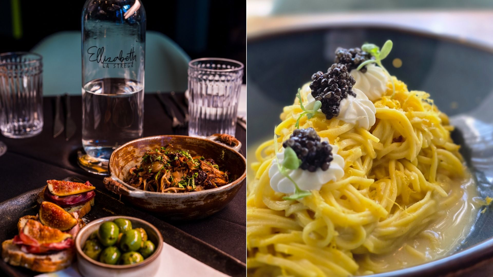 Split image: left a table with a water bottle, two glasses, and bowls of olives and figs; right a close-up of yellow pasta topped with cream and blackberries.