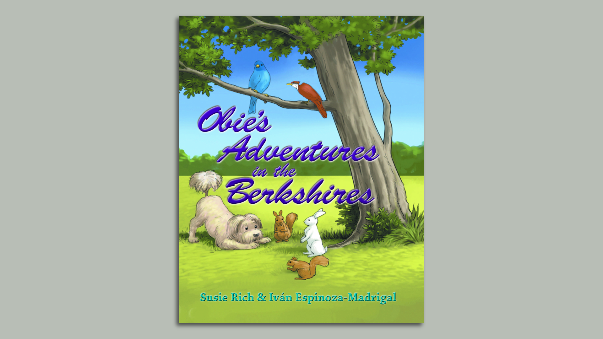 Obie the dog crouches down playfully next to two squirrels and a bunny in a field as two birds look on from a tree branch