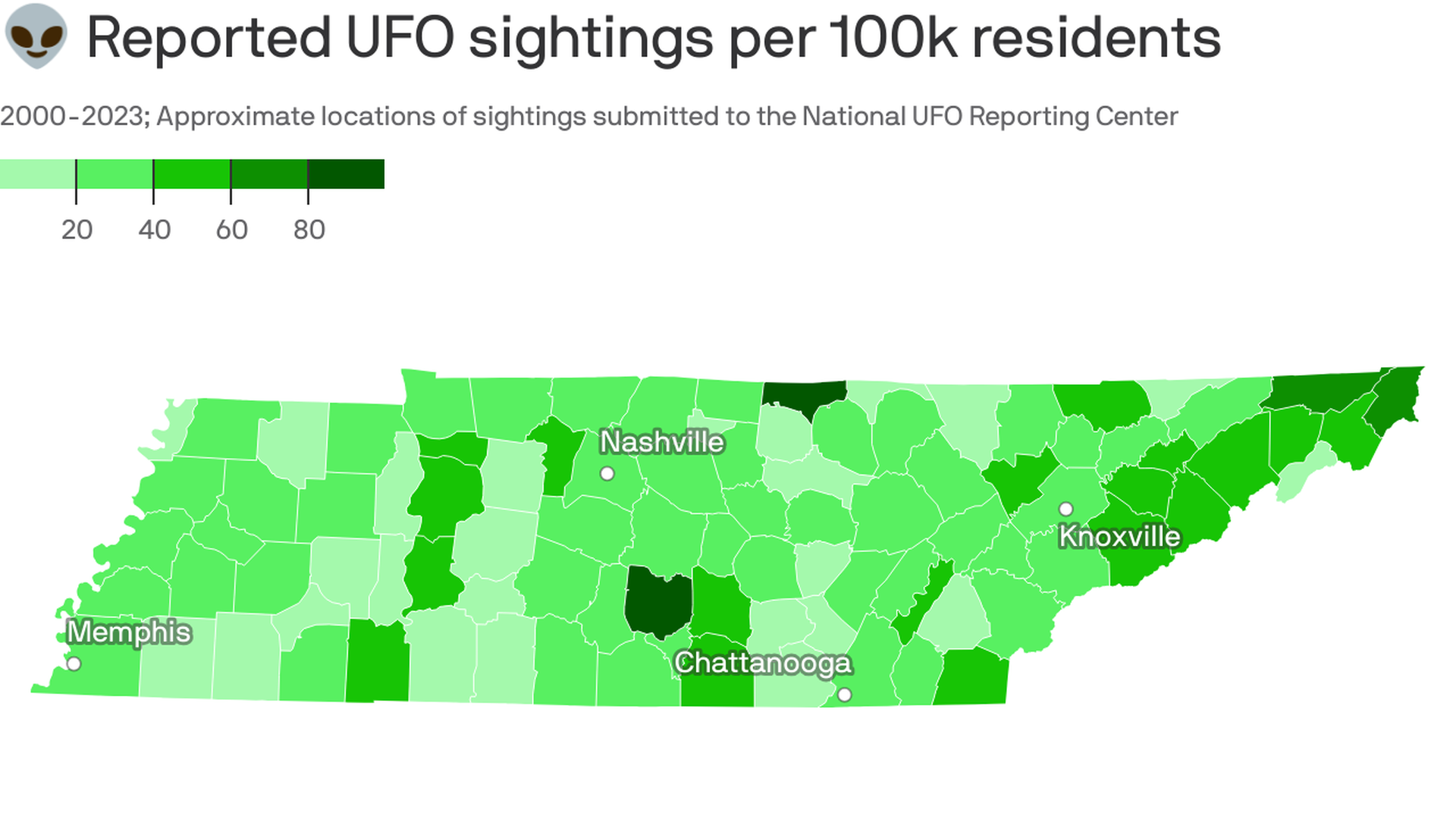 A map showing UFO sightings per capita in Tennessee, with the highest rates in rural Middle Tennessee counties.