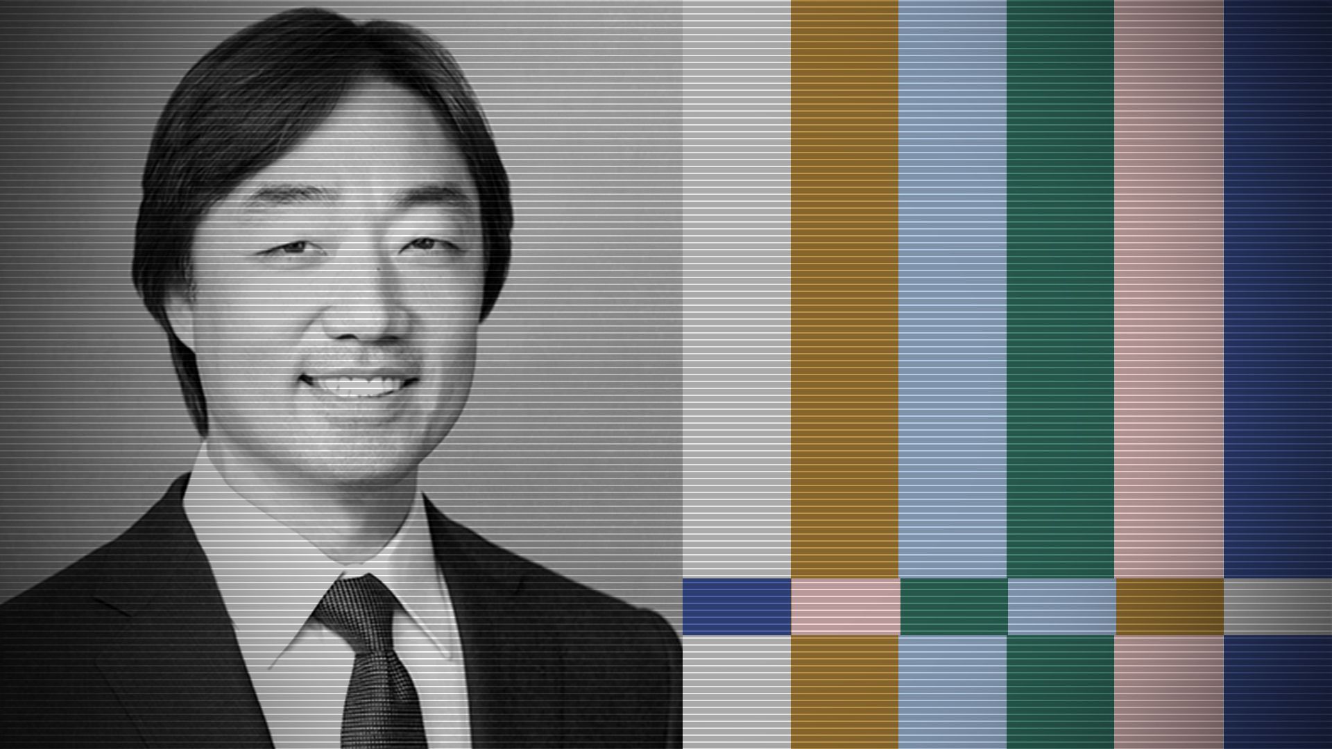 Photo illustration of Soo Kim with a stylized television test bar screen. 
