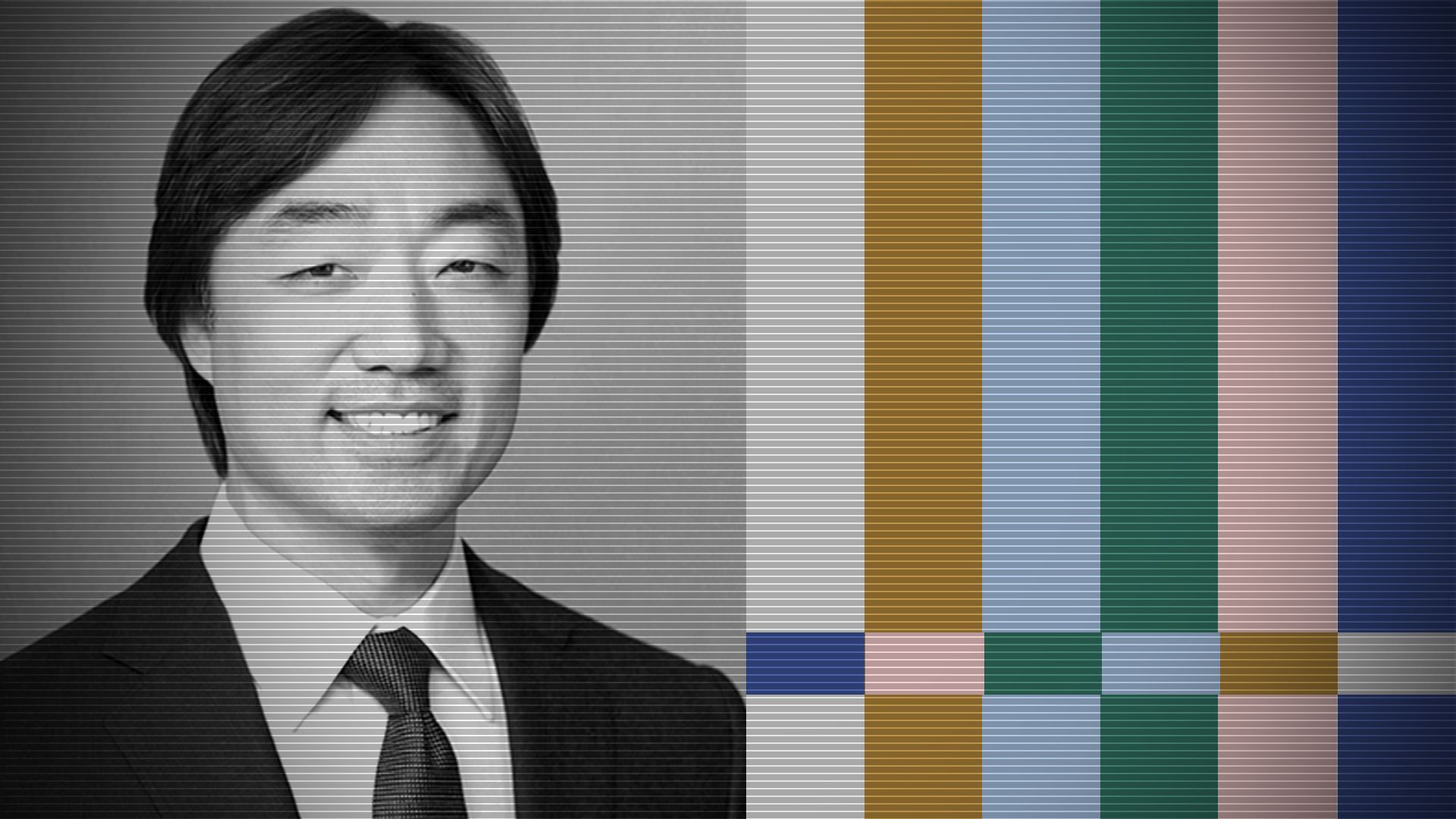 Photo illustration of Soo Kim with a stylized television test bar screen.