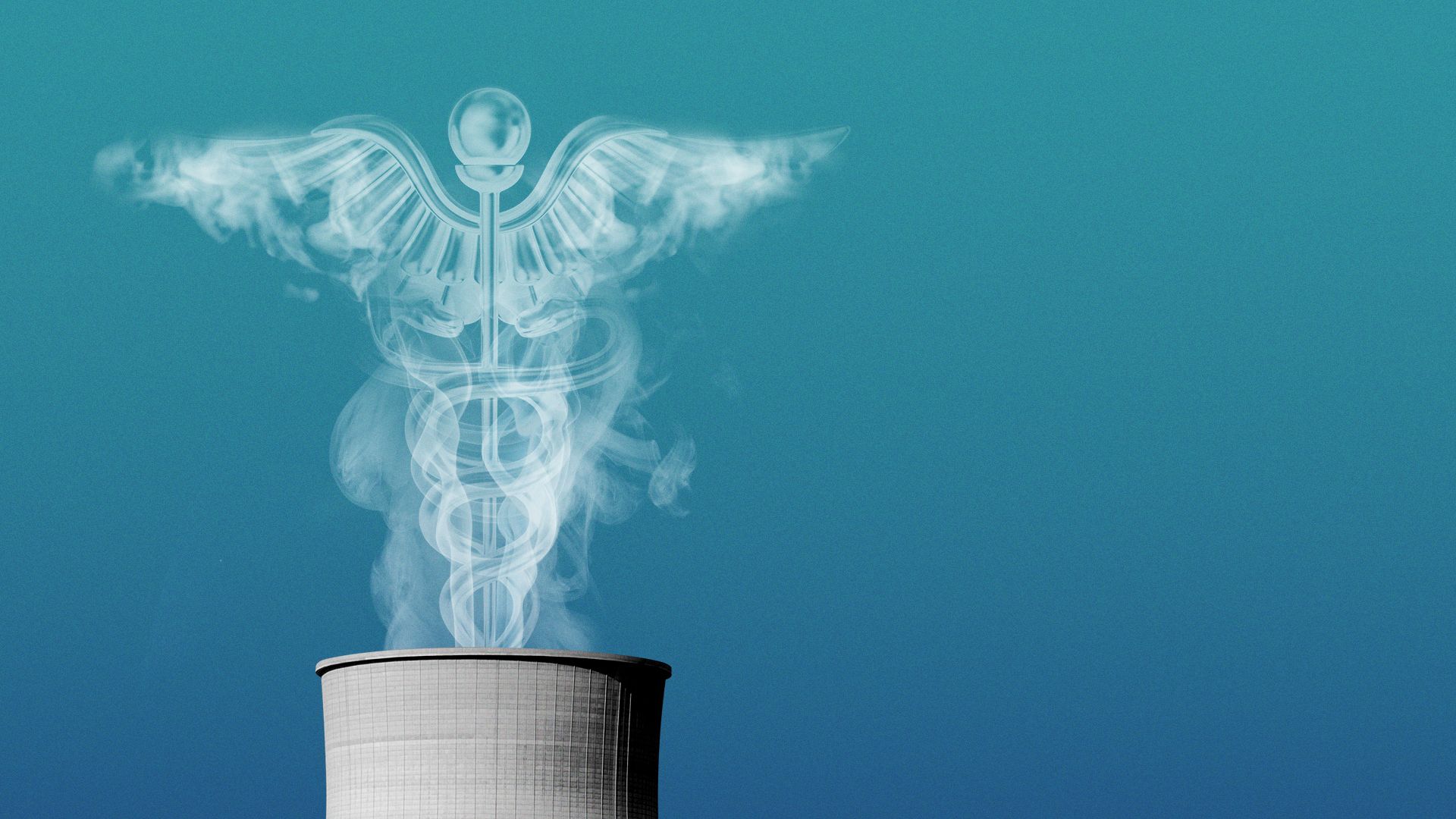 Illustration of a nuclear power plant tower with steam in the shape of a caduceus.
